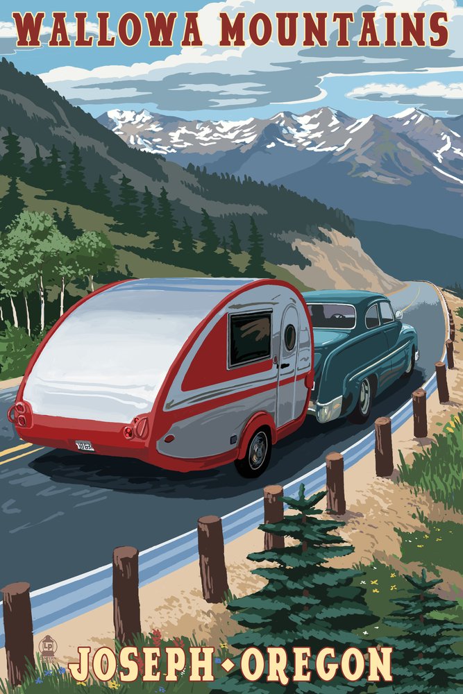 Joseph Oregon Wallowa Mountains Retro Camper 54834 - Signed 24x36 Art Print Poster, Vintage Wall Decor for Home, Office & Cabin - Perfect for Living Room, Bedroom or Man Cave