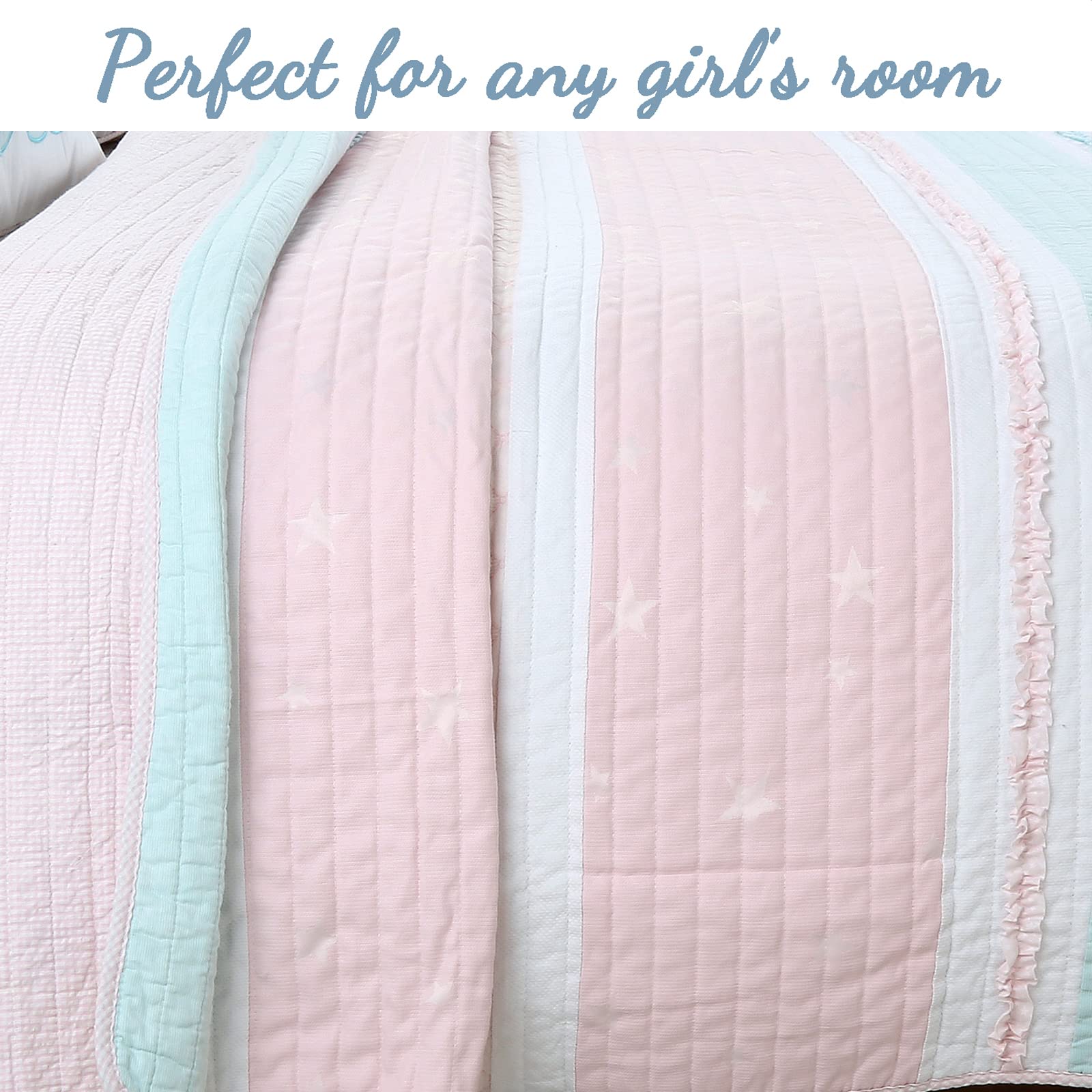 Cozy Line Home Fashions 100% Cotton Reversible Quilt Bedding Set - Light Pink & Blue Ruffled Coverlet & Bedspread (Candy, Queen Size, 3-Piece: 1 Quilt + 2 Shams) | Soft & Breathable Girls' Bedroom Decor | Perfect for Kids' Rooms, Guest Bedrooms & Nursery Decor