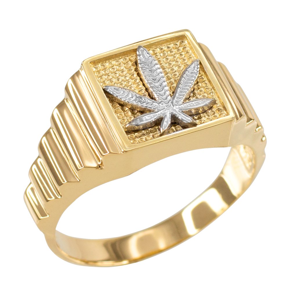 10k Yellow Gold Marijuana Leaf Ring for Men - Square Face Layered Band - Perfect for Stoner Gifts, 420 Parties & Hippie Fashion Accessories