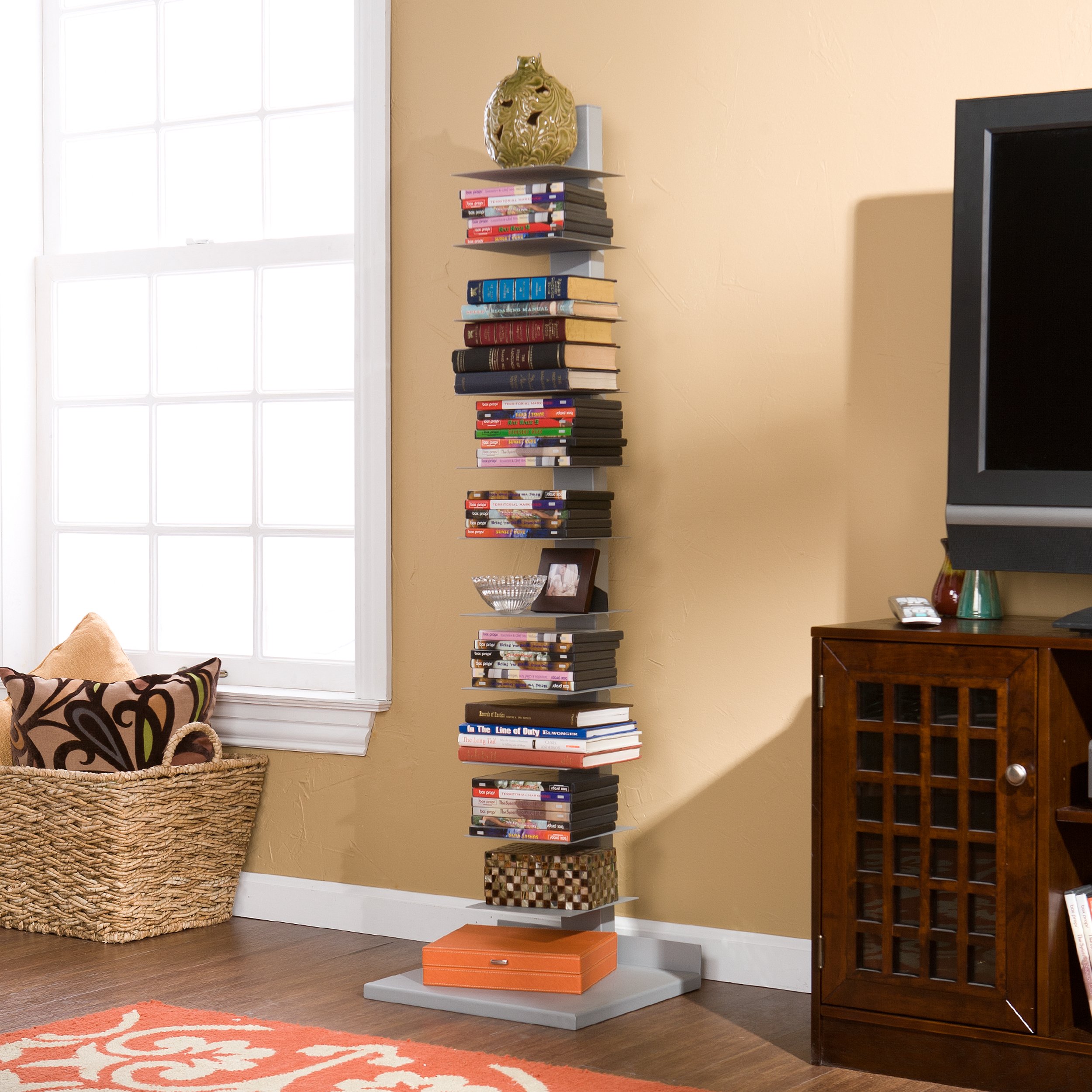 SEI Furniture 11-Shelf Metal Bookcase Tower, Silver - Modern Bookshelf for Home Office, Living Room & Library Storage