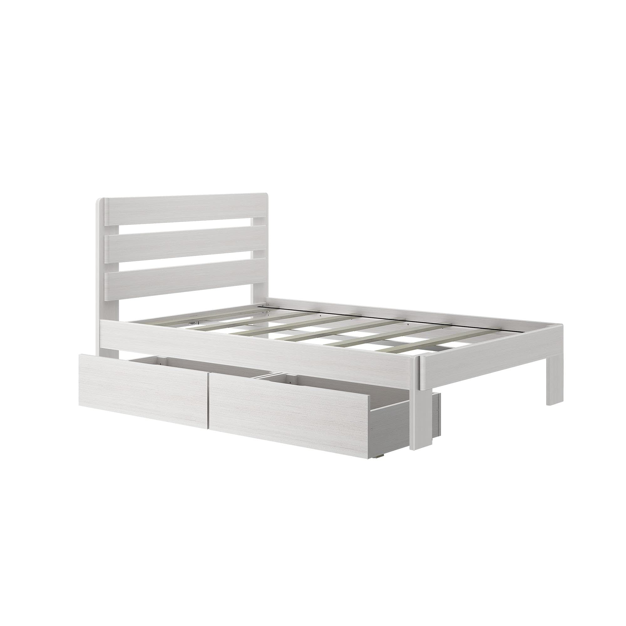 Modern Farmhouse Full Bed with Plank Headboard & Storage Drawers - White Wash Finish | Rustic Bedroom Furniture for Kids, Teens & Guest Rooms | Durable Solid Wood Frame for Cozy Home Decor
