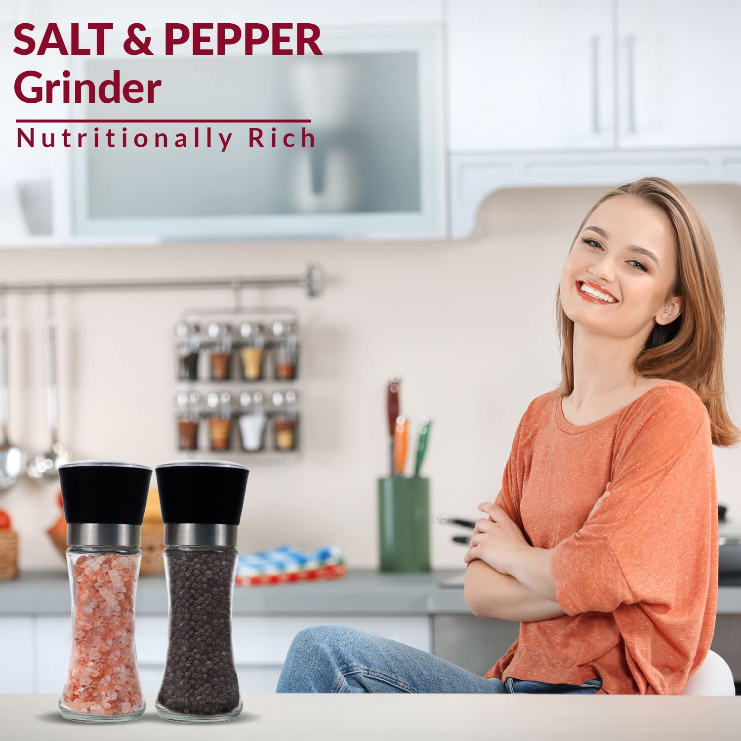 Himalayan Pink Salt and Black Pepper Grinder Set - 2-in-1 Refillable Glass Spice Mill with Adjustable Coarseness - Perfect for Kitchen, Dining Table & BBQ Seasoning