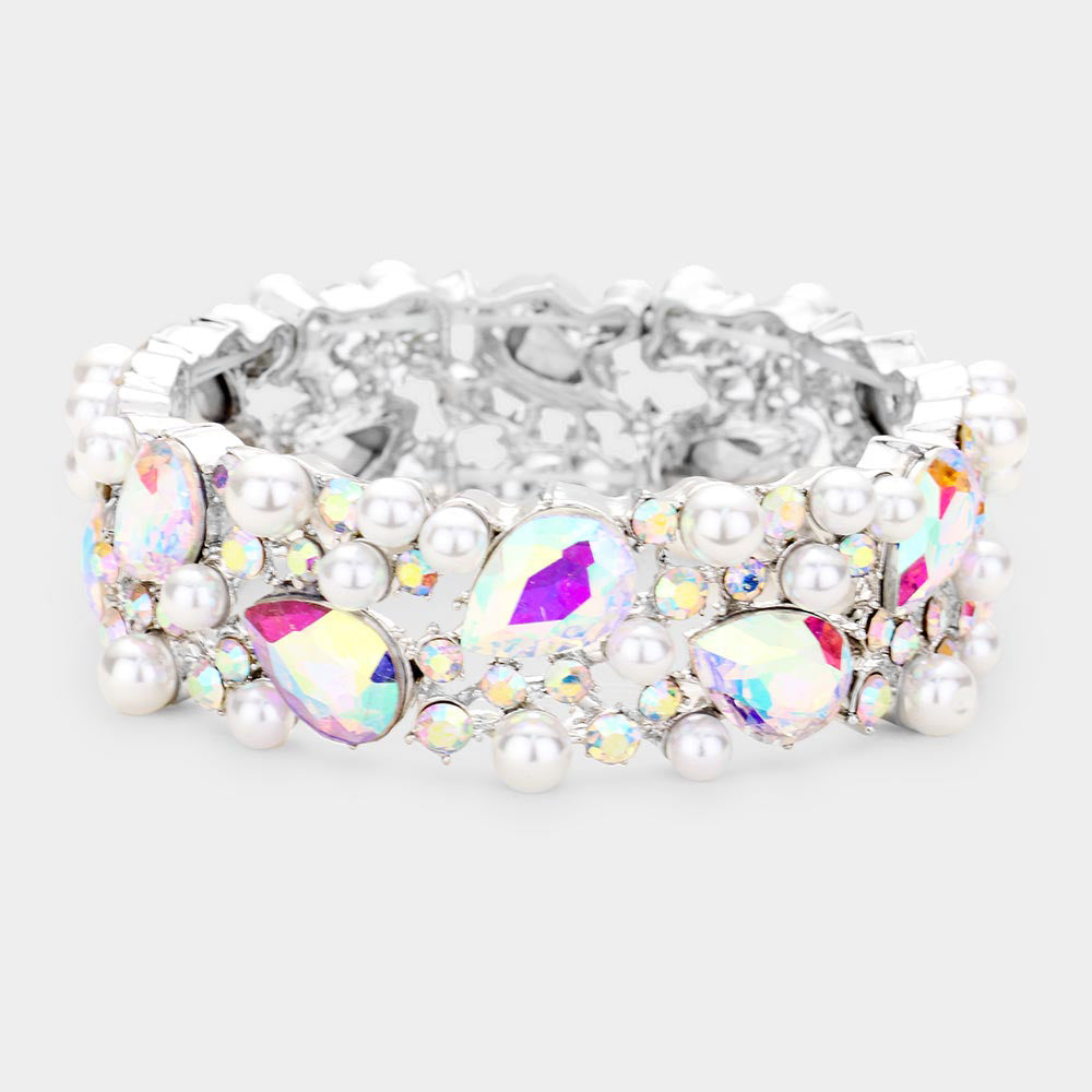 AB Crystal Teardrop & Pearl Stretch Bracelet for Women | Elegant Beaded Jewelry Gift for Birthday, Anniversary & Special Occasions | 426855