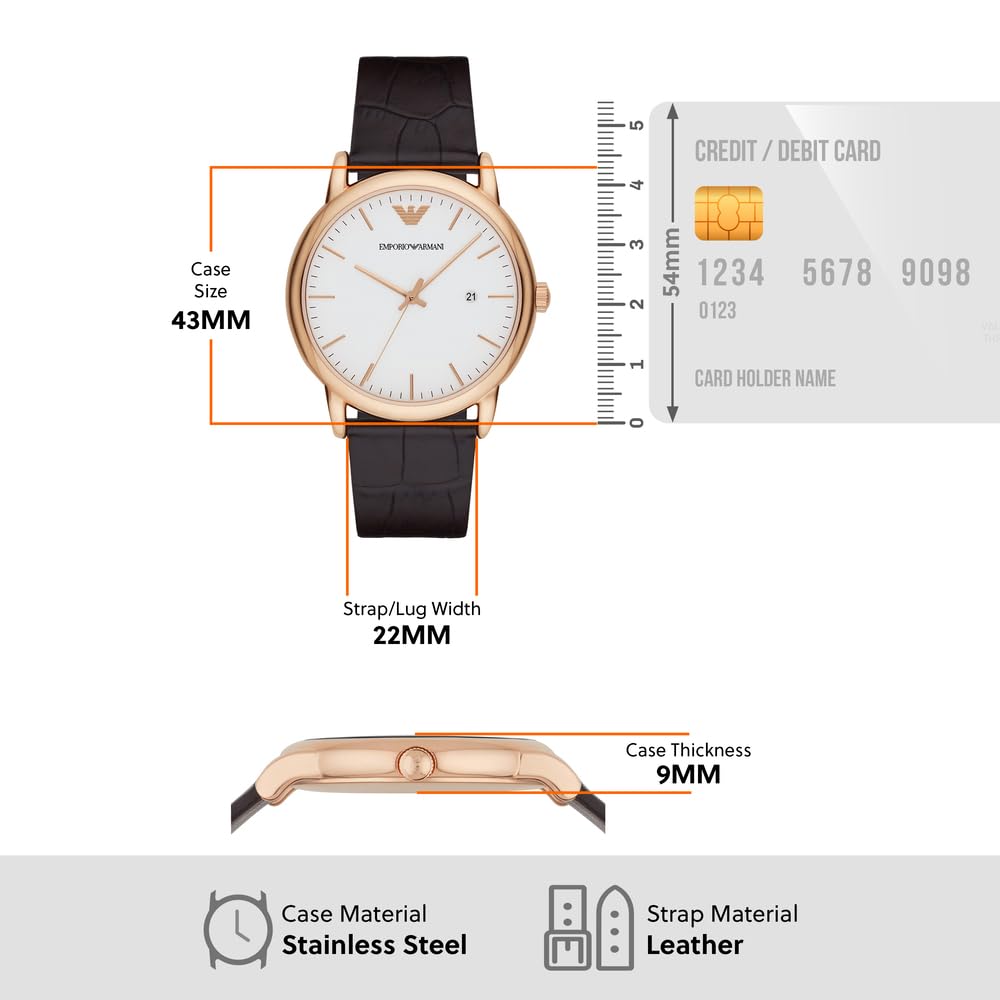 Emporio Armani Men's Classic Three-Hand Leather Strap Watch - Water Resistant Dress Watch for Business, Formal & Casual Wear