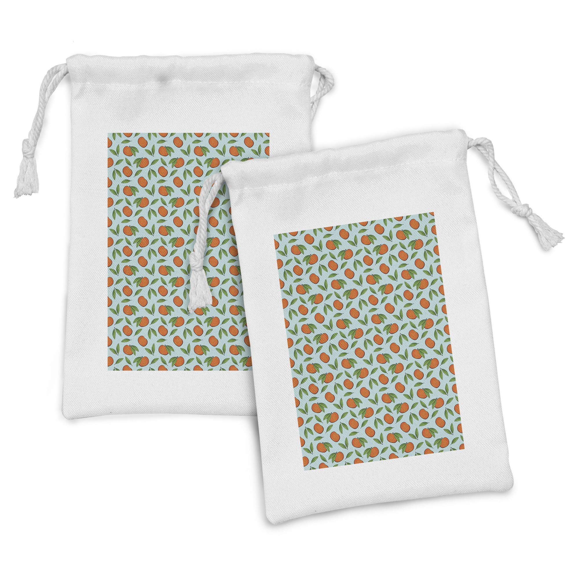 Ambesonne 2-Pack Tangerine Drawstring Pouch Set - Citrus Fruit & Leaves Pattern, Small Fabric Bags for Toiletries, Travel Essentials, Party Favors (9