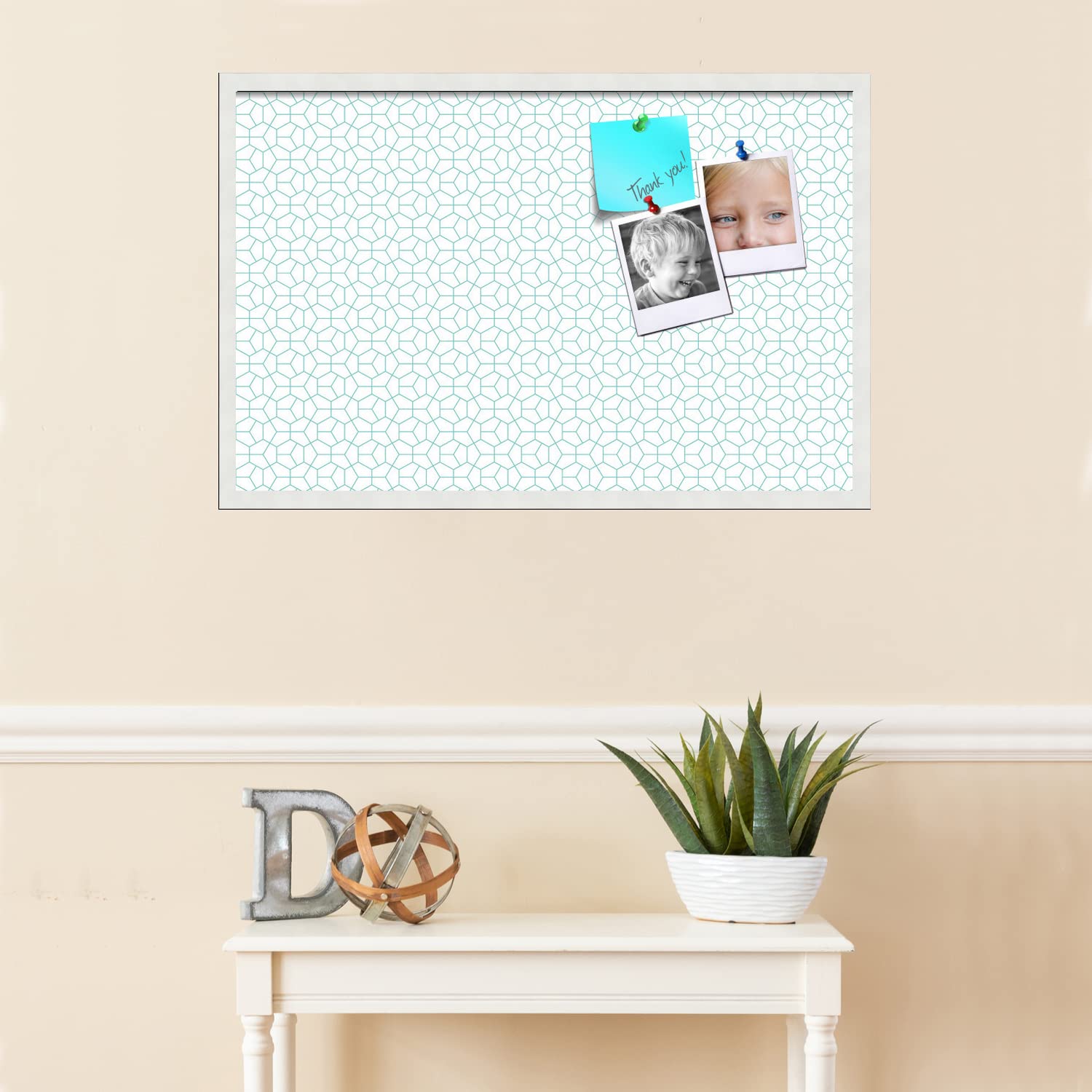 PinPix 34x22 Inch Cork Bulletin Board - Decorative Framed Pin Board with Modern Hex Aqua Design & Satin White Frame - Perfect for Home Office Decor, School Classroom, Dorm Room Organization & Wall Memo Display