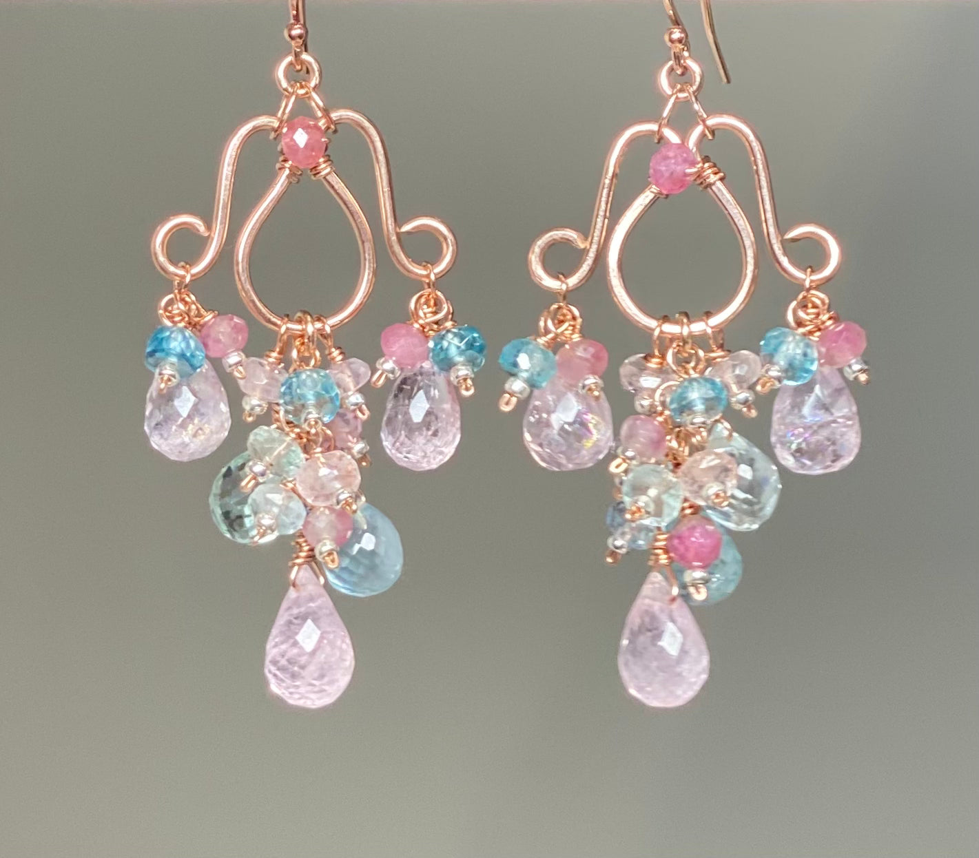 Rose Gold Filled Aquamarine & Morganite Chandelier Earrings | Elegant Gemstone Jewelry for Weddings, Parties & Special Occasions