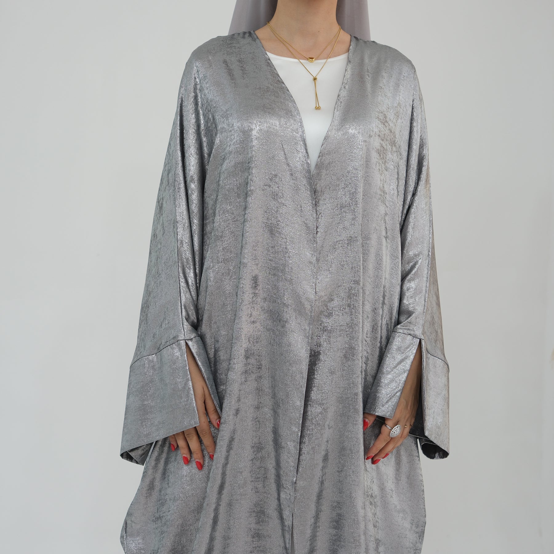 Celine Shimmer Kimono Open Abaya - Elegant Silver Muslim Abaya Dress for Women | Perfect for Prayer, Special Occasions & Evening Wear