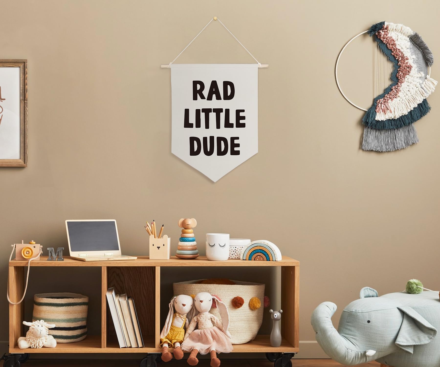 Cool Boy Nursery Wall Decor - Rad Little Dude Room Decor for Bedroom, Playroom & Kids Room | Hanging Pennant Flag Canvas Banner for Toddler Boys - Perfect for Birthday Parties & Nursery Theming