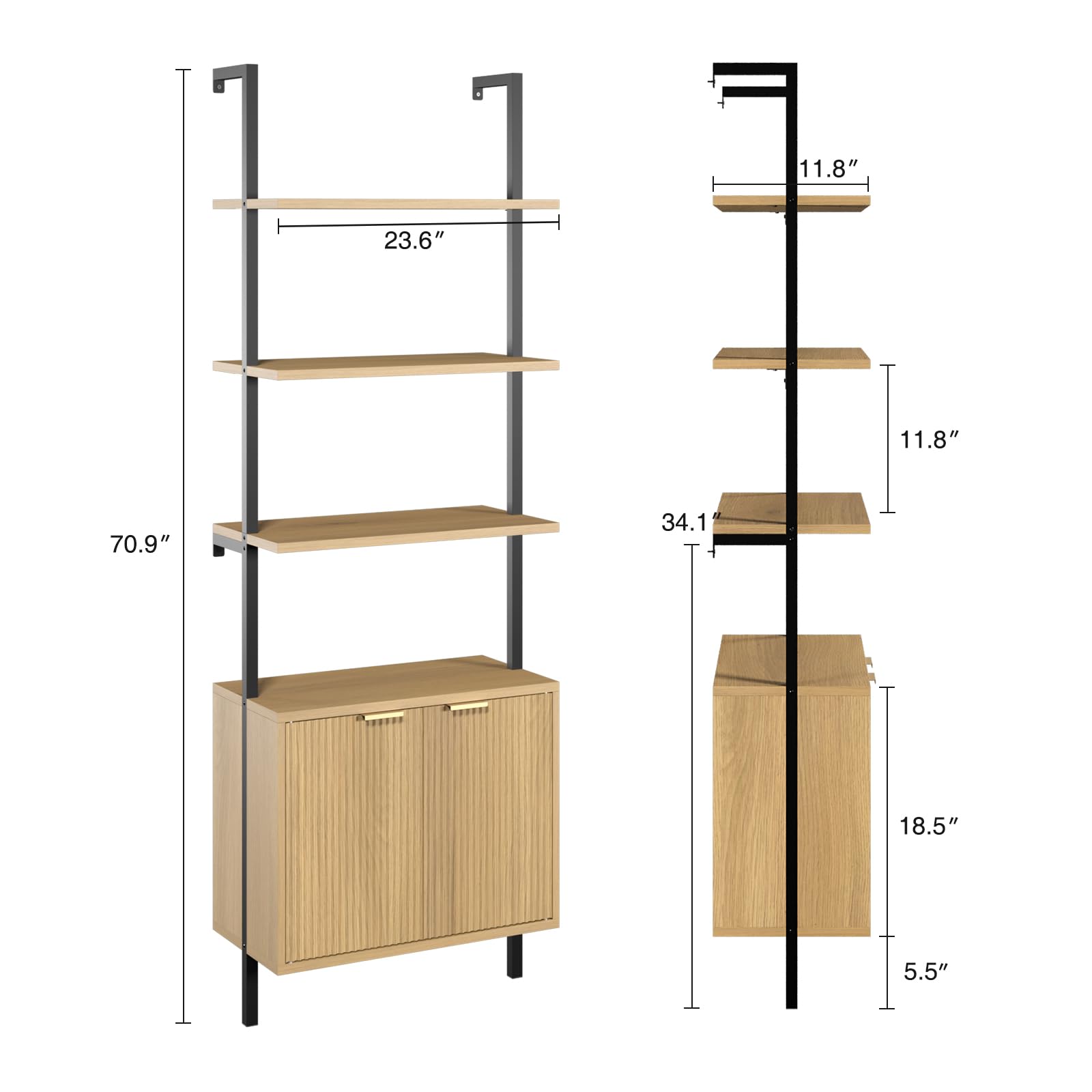 2-Tier Ladder Shelf with Storage Cabinet & Fluted Design - Wall Mount Bookcase with Metal Frame - Space Saving Display Shelves for Living Room, Bedroom, Bathroom & Home Office - Perfect for Organizing Books, Decor & Essentials