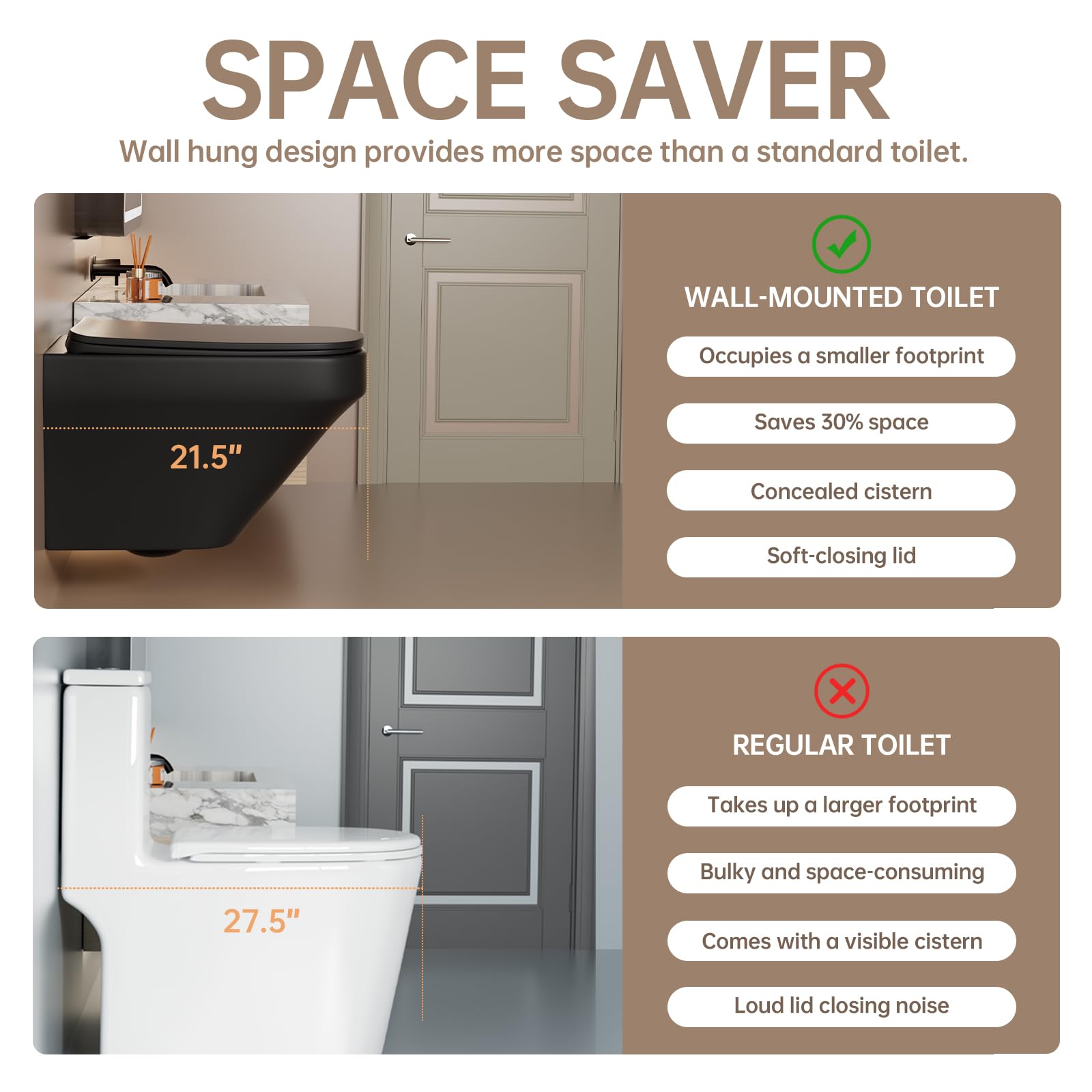 SUPERFLO Modern Square Wall Mounted Toilet Bowl with Soft Closing Seat - One Piece Black Wall Hung Toilet for Bathroom, Rear Outlet Design (Tank & Bracket Not Included) | Perfect for Contemporary Homes, Luxury Apartments & Space-Saving Bathroom Renovations