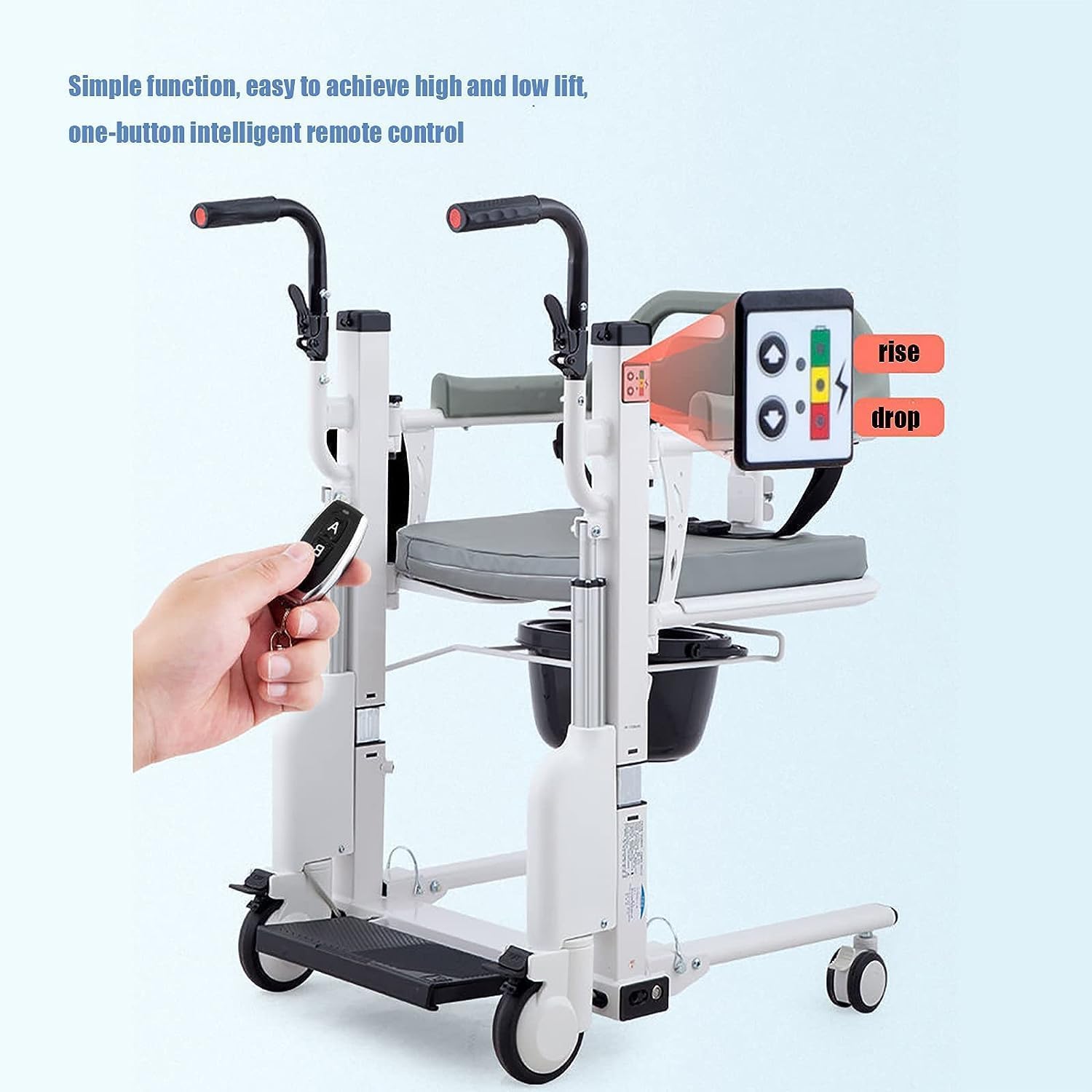 Electric Lift Wheelchair for Seniors & Patients - 180° Split Seat with Tray & Bedpan - Heavy Duty Steel Transport Chair for Home & Hospital Use