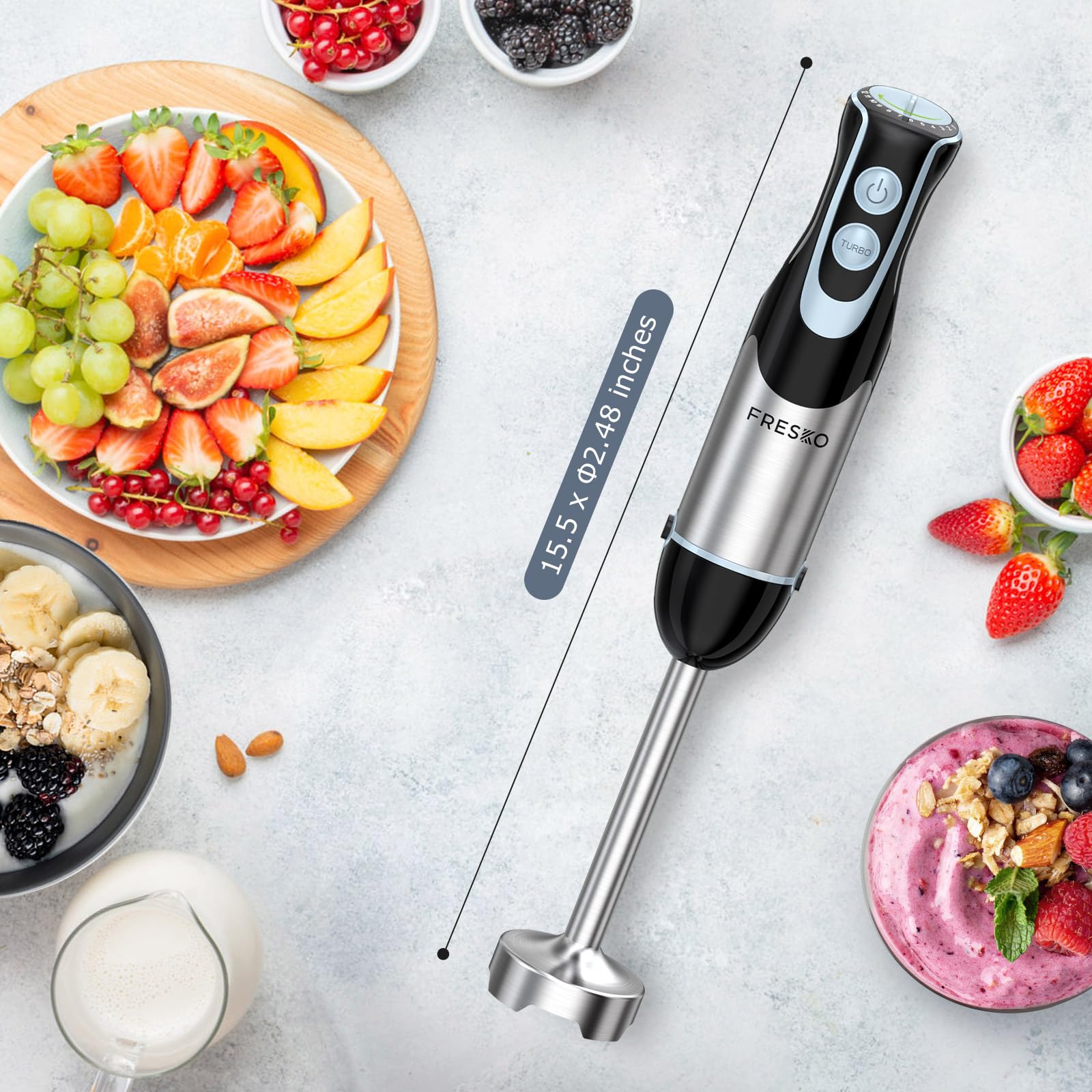 FRESKO 500W Immersion Hand Blender with 12 Speeds & Turbo Mode - 304 Stainless Steel Blades for Smoothies, Soups, Baby Food & Purees - Perfect for Kitchen, Restaurant & Home Cooking (HB3301)