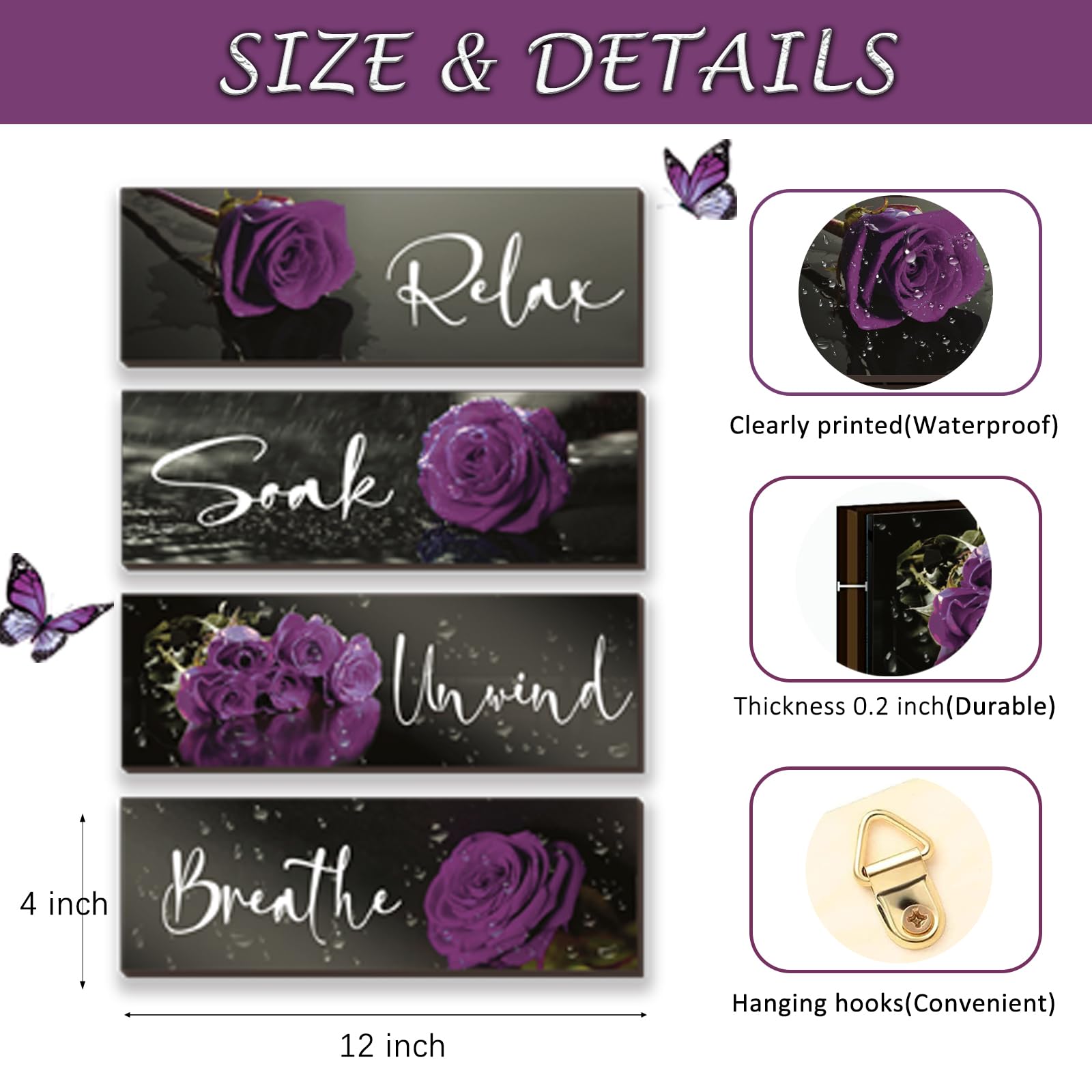 4-Piece Purple Rose Wall Art Set - Wooden Bathroom Decor with Relax Soak Unwind Breathe Signs (12x4 Inch) - Perfect for Girls Bedroom, Women's Living Room & Home Decor - Create a Spa-Like Ambiance for Relaxation & Self-Care Moments