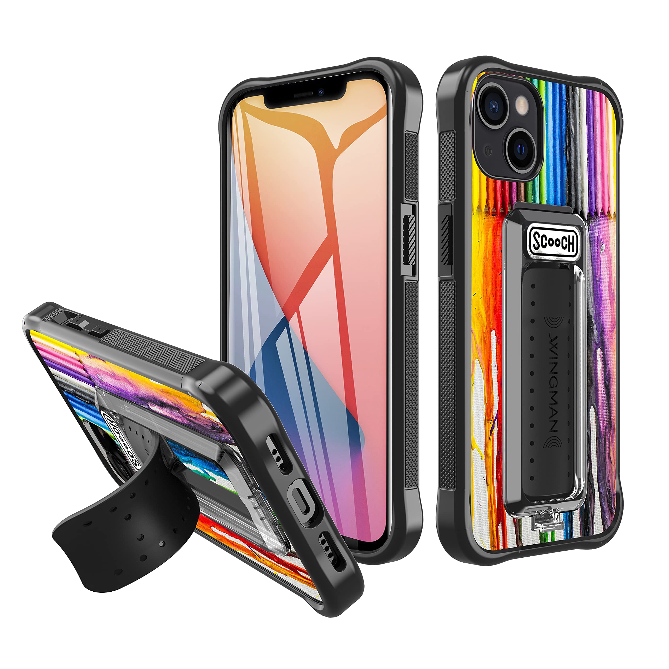 Scooch Wingman iPhone 13 Case with Stand, Grip & Car Vent Mount - Slim Kickstand Design, 10 ft Drop Protection, Magnetic Car Mount Compatibility (Tuxedo/Melted Crayon) - Perfect for Work, Travel & Everyday Use