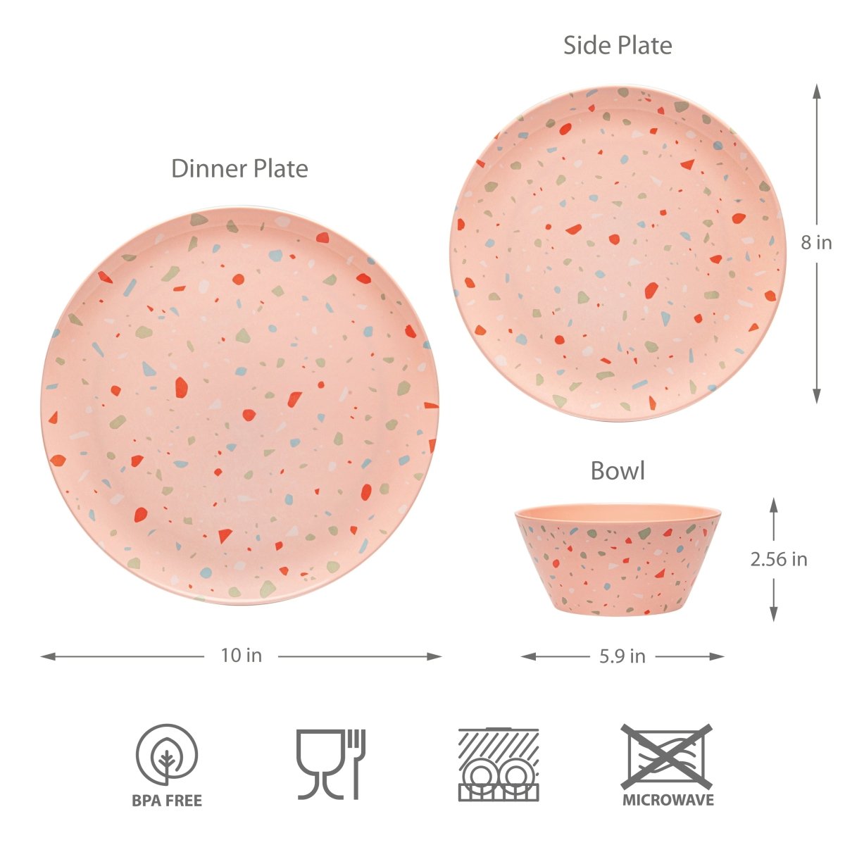 12-Piece Outdoor Dinnerware Set - Pink Confetti Design - Durable Melamine Plates, Bowls & Cups - Perfect for Picnics, BBQs, and Pool Parties