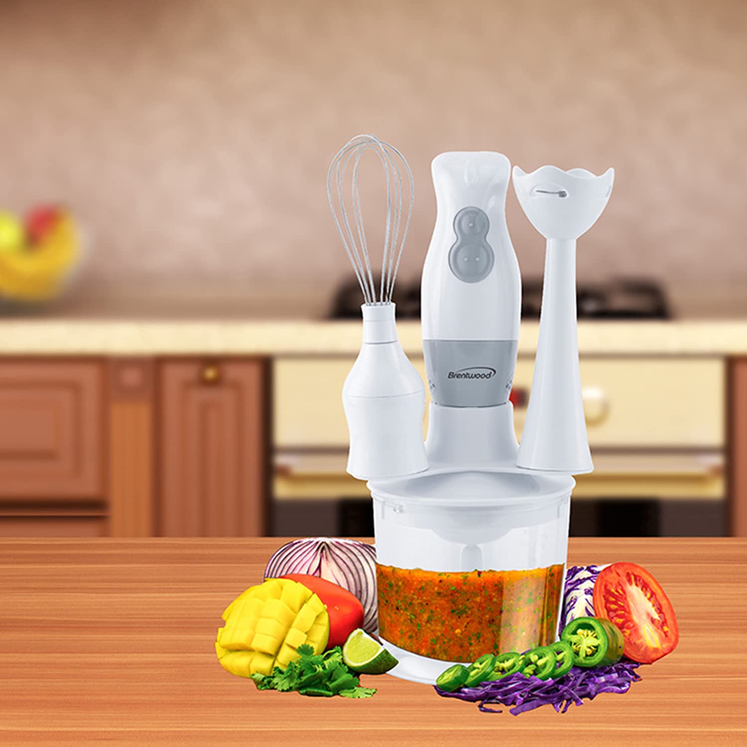 2-Speed Hand Blender with Food Processor & Whisk Attachment - Powerful 300W Immersion Blender for Smoothies, Soups, Baby Food - White Kitchen Electric Mixer (Ideal for Cooking, Baking & Meal Prep)
