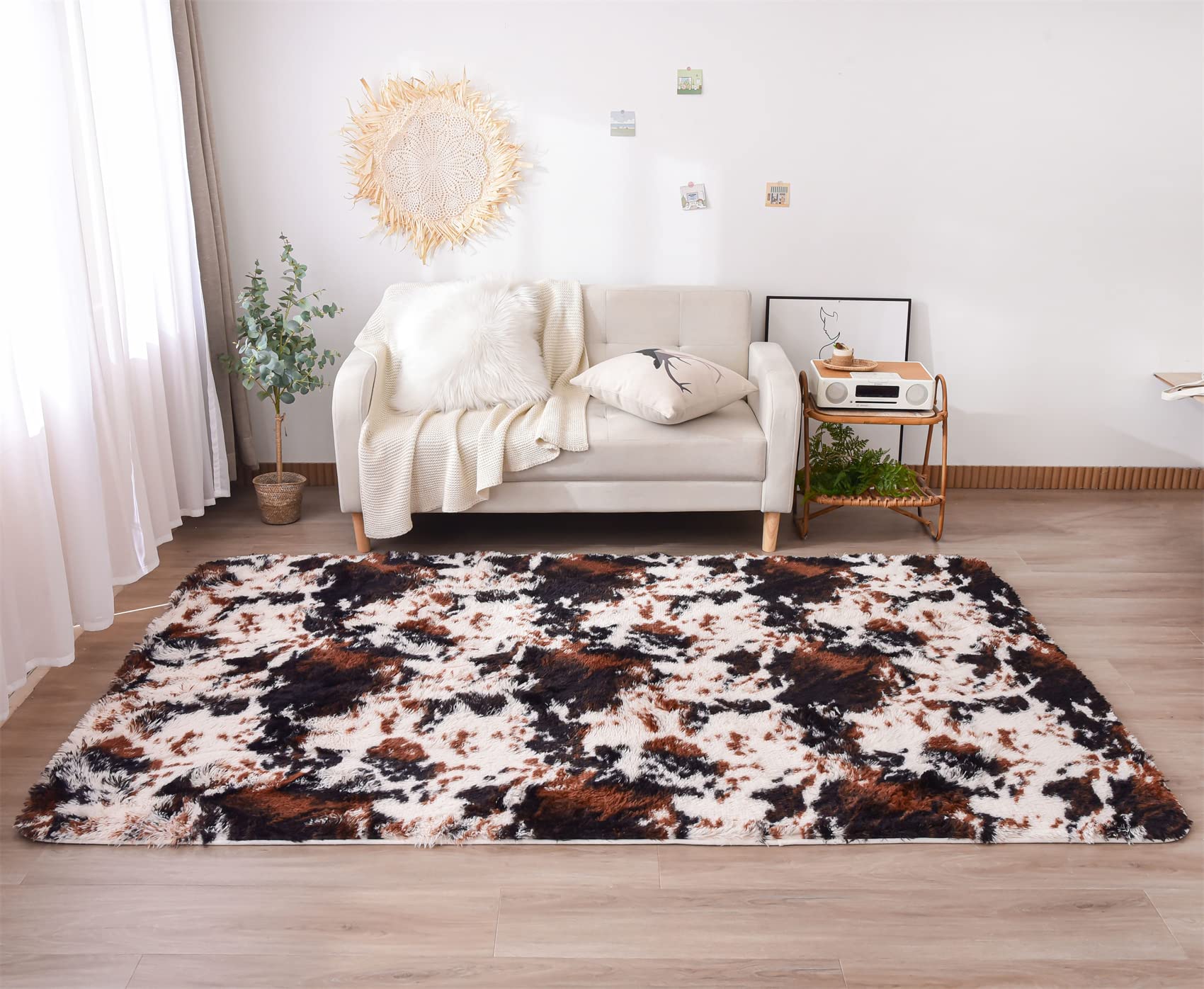 Cute Cow Print Area Rug - Soft Faux Cowhide Carpet for Nursery, Kids Room Decor - Non-Slip Animal Print Rug (Coffee-Black, 3x5 ft) - Perfect for Playrooms, Bedrooms & Farmhouse Style Decor