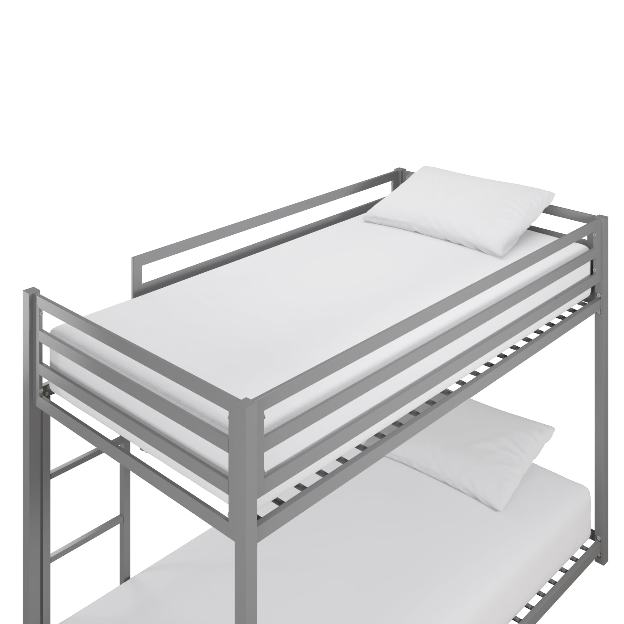 DHP Miles Low Metal Bunk Bed Frame for Kids - Twin Over Twin with Built-in Ladder & High Guardrail | Sturdy Metal Slats, No Box Spring Needed | Space-Saving Design for Small Rooms | Perfect for Kids' Bedrooms, Dormitories & Shared Spaces (Silver)