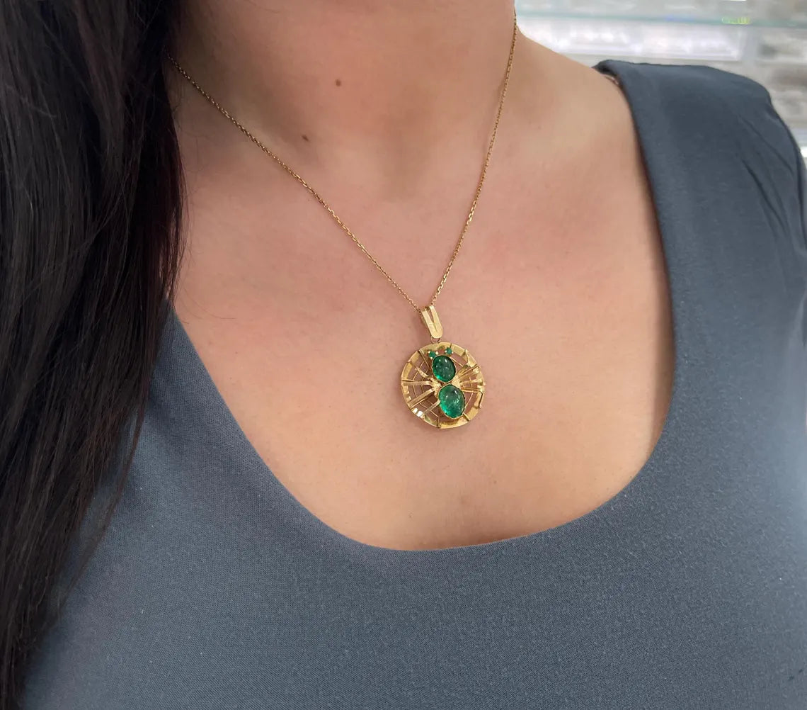 5.23ct Colombian Emerald Cabochon Oval Spider Pendant Necklace - Handmade Sterling Silver Jewelry for Women, Gothic Fashion Accessory, Perfect for Halloween, Cosplay & Unique Gift Giving