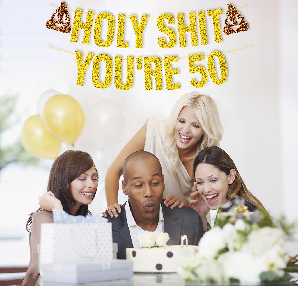 Funny 50th Birthday Banner - Gold Glitter 'Holy Shit You're 50' Party Decoration for 50th Birthday Celebrations, Cheers to 50 Years Sign - Perfect for Milestone Birthday Parties, Surprise Decor & Photo Backdrops