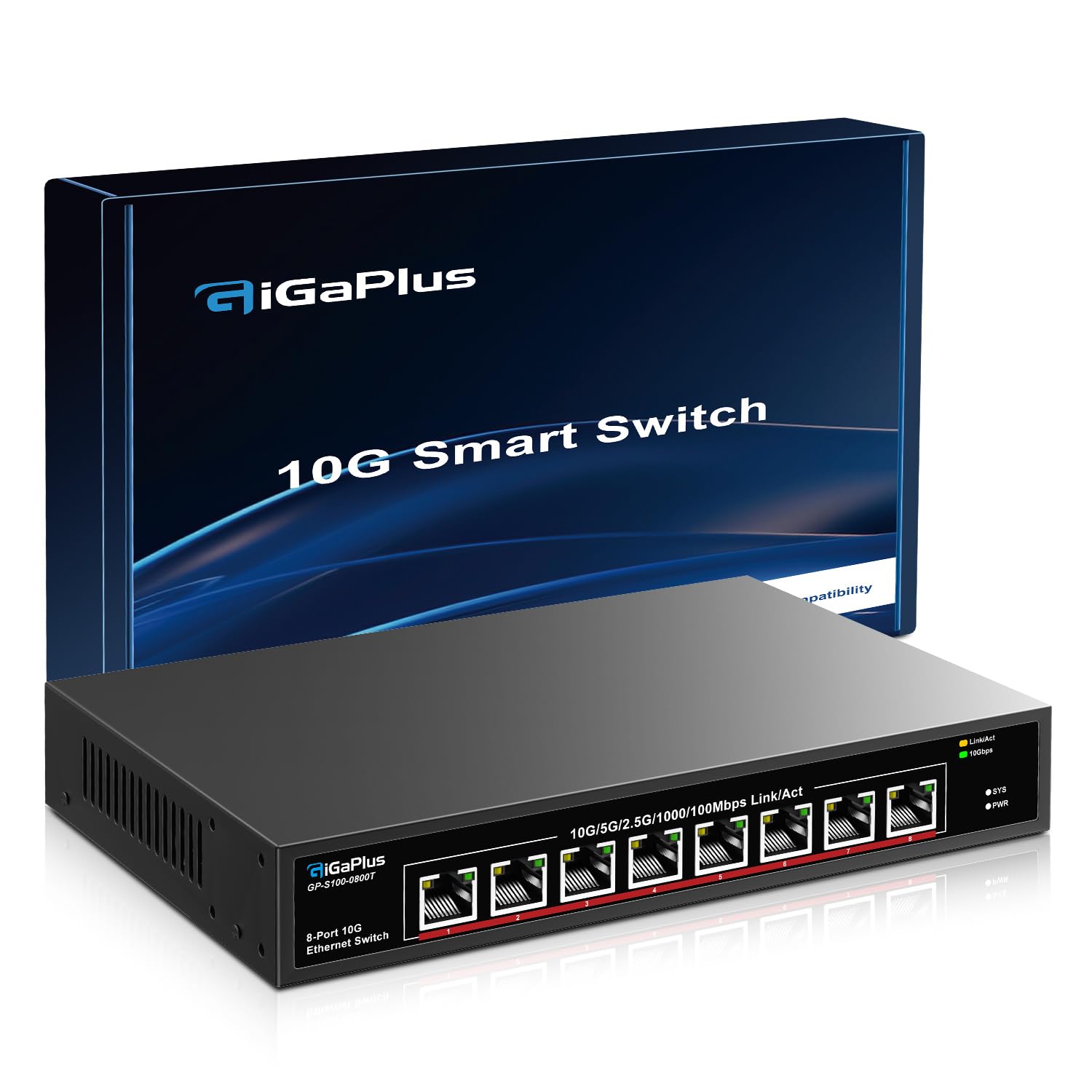 10Gb Ethernet Switch Unmanaged - 8 Port 10Gbe Base-T Network Switch for 10Gbps NAS, WiFi 7 Router & 10Gbps Adapter - Desktop/Rack Mount - Plug & Play - Ideal for Home Office & Data Center Networking