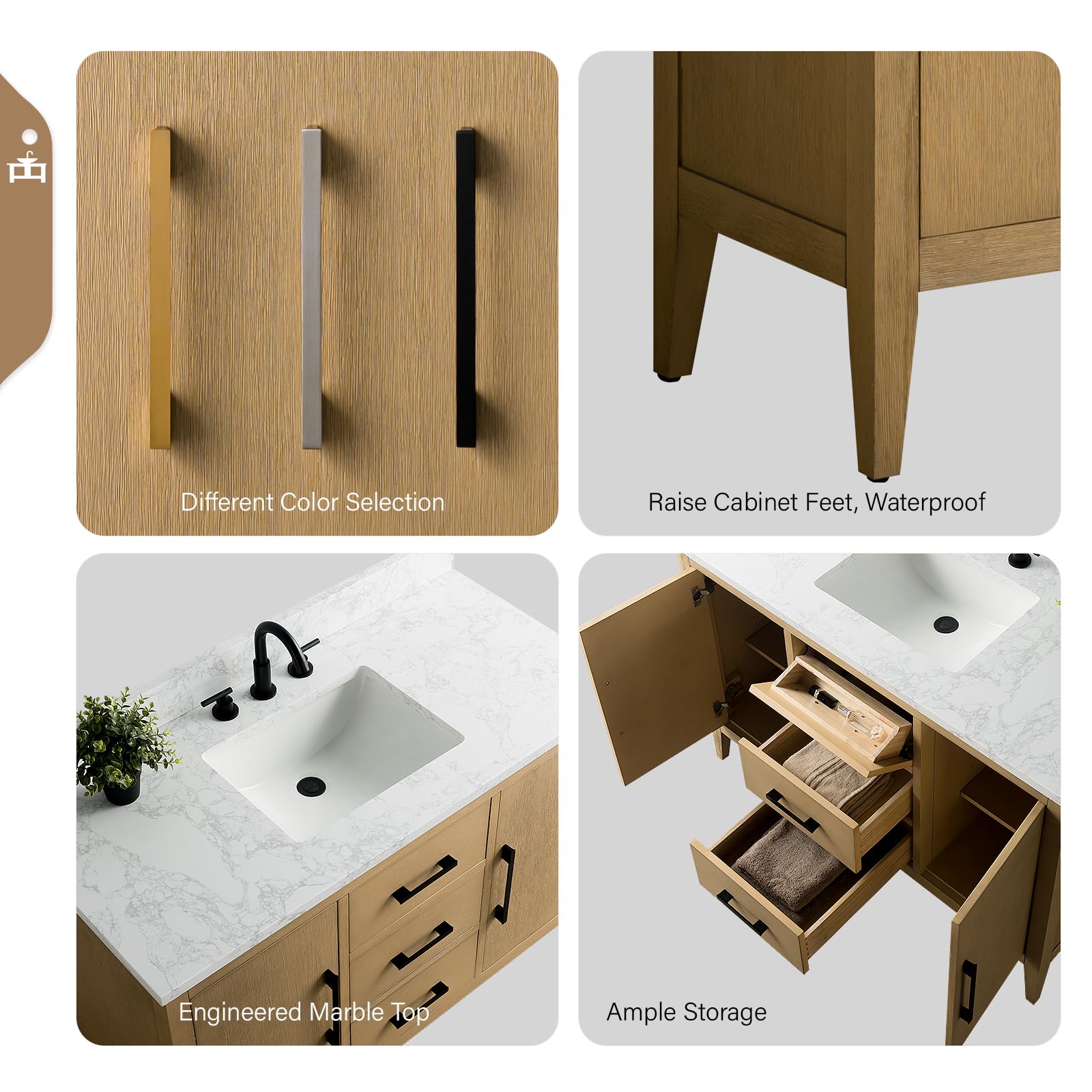 Vanity Art 48 Inch Bathroom Vanity Set with Single Sink & Ceramic Countertop - Soft-Close Cabinet Doors, Drawers, Solid Wood Frame in Natural Oak Finish (VA9048-NO-MB1) - Perfect for Modern Bathrooms, Master Suites, and Home Renovations