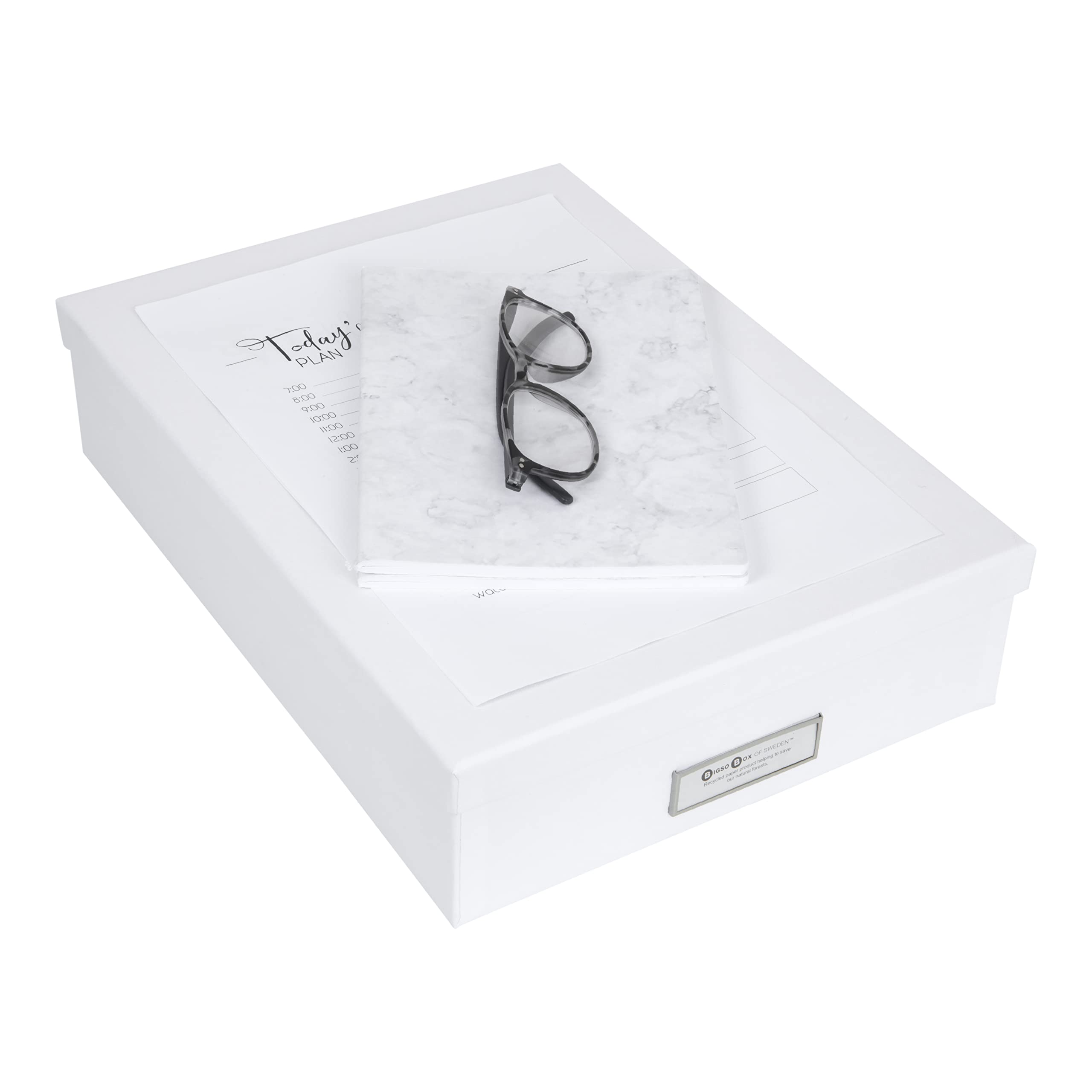 Bigso Sweden A4 Document Storage Box with Lid & Handle - Organize Paper, Brochures, Notes - Durable Fiberboard Office File Organizer for Home & Office Use