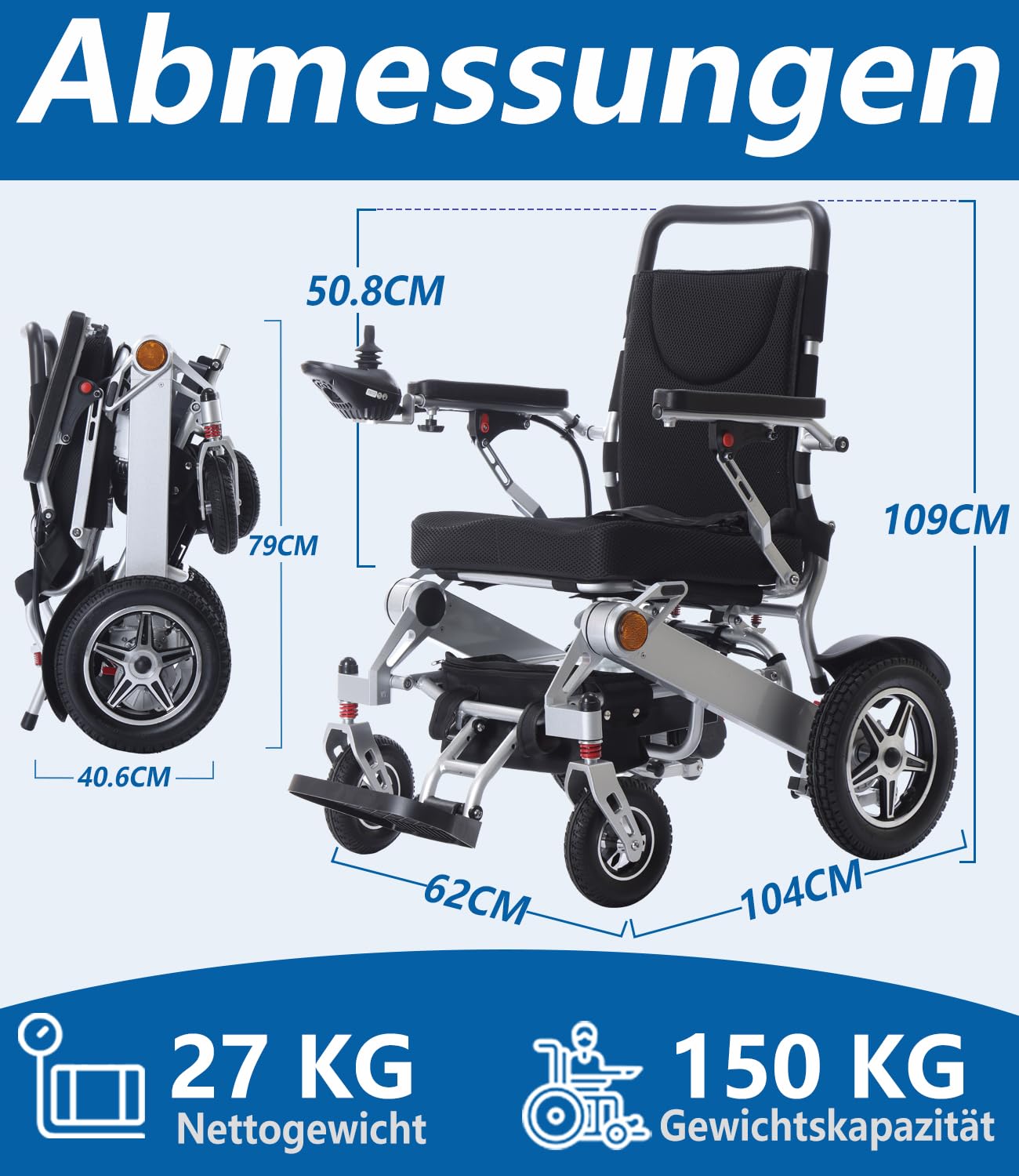Broobey Lightweight Electric Wheelchair for Adults & Seniors - 150kg Weight Capacity, Foldable Motorized Wheelchair with 12Ah Battery (20+ km Range) - Perfect for Indoor/Outdoor Use, Travel & Daily Mobility
