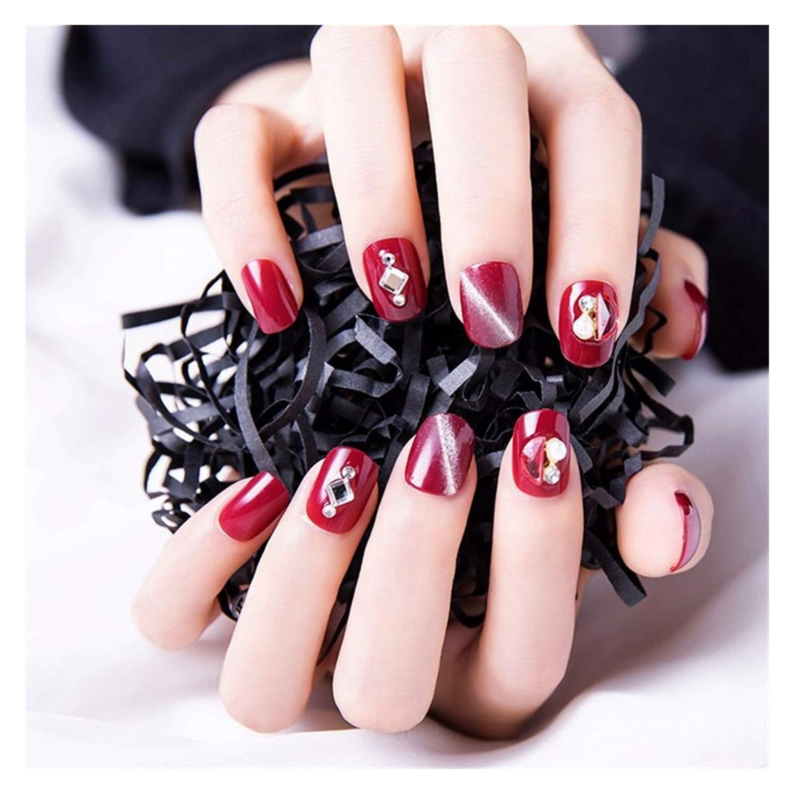 24pcs Fake Nails with Wine Red Design - Short Water Caltrop Shape False Nails with Zircon Decor, Manicure Patch & Removable Glue | Perfect for Parties, Weddings, Date Nights & Special Occasions