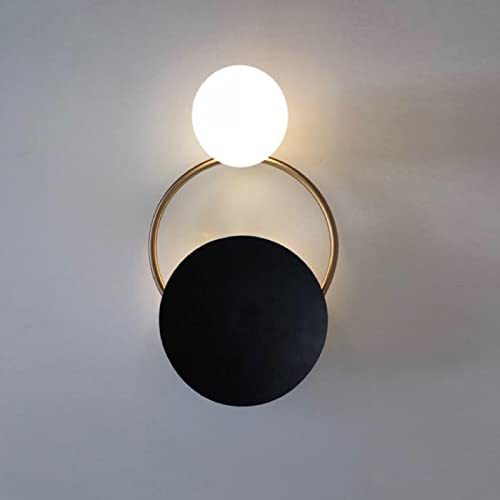 LITFAD Black and Brass Planetary Wall Lamp - Minimalist Single Milk Glass LED Wall Sconce Light for Bedroom, Hotel, Restaurant & Corridor | Modern Space Lighting for Living Room, Hallway & Entryway