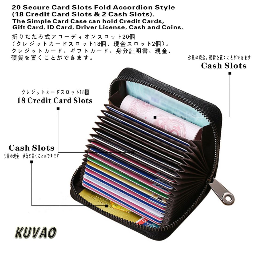 RFID Blocking Leather Credit Card Holder - 20 Card Slots Zipper Wallet for Women & Men - Compact Accordion Card Case with Secure Zipper Closure (Black) - Perfect for Travel, Business & Everyday Use