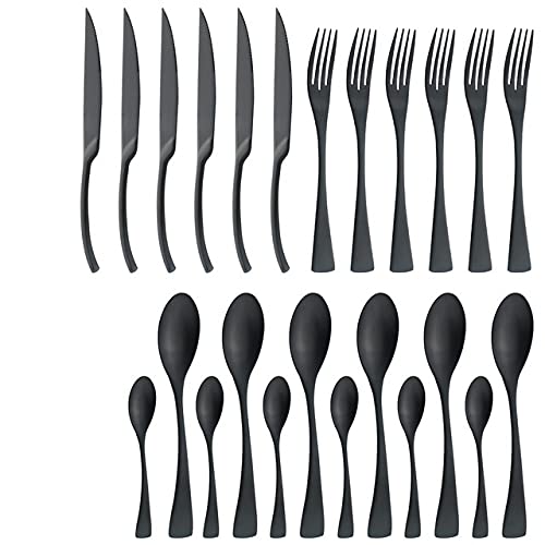 Premium 24-Piece Stainless Steel Flatware Set - Black Silverware Cutlery for Dining (Knives, Forks, Spoons) | Elegant Dinnerware for Restaurants, Weddings & Home Entertaining