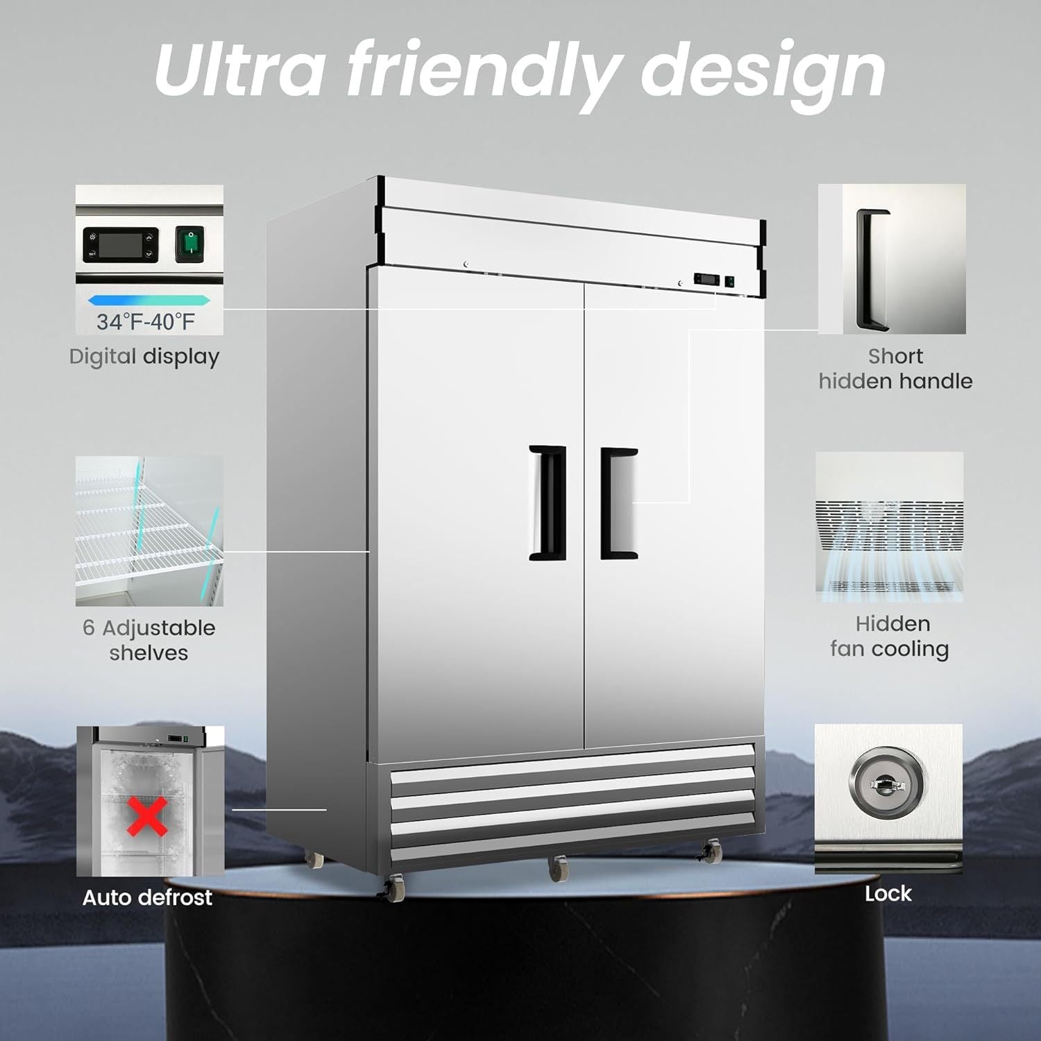 2 Door 49 Cu.Ft Commercial Refrigerator - Stainless Steel Reach-In Freezer with Dynamic Cooling & OmniSmart Temperature Control (33℉~41℉), 6 Adjustable Shelves, LED Light & Digital Thermostat - Perfect for Restaurants, Grocery Stores, and Commercial Kitchens