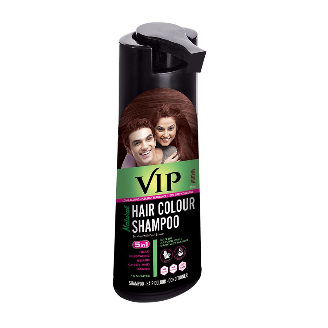 VIP Brown Hair Color Shampoo 180ml - Quick Gray Coverage in 15 Minutes for Women & Men | Natural Hair Dye Alternative | At-Home Salon Quality Hair Coloring | Perfect for Touch-Ups, Root Coverage & Daily Hair Care