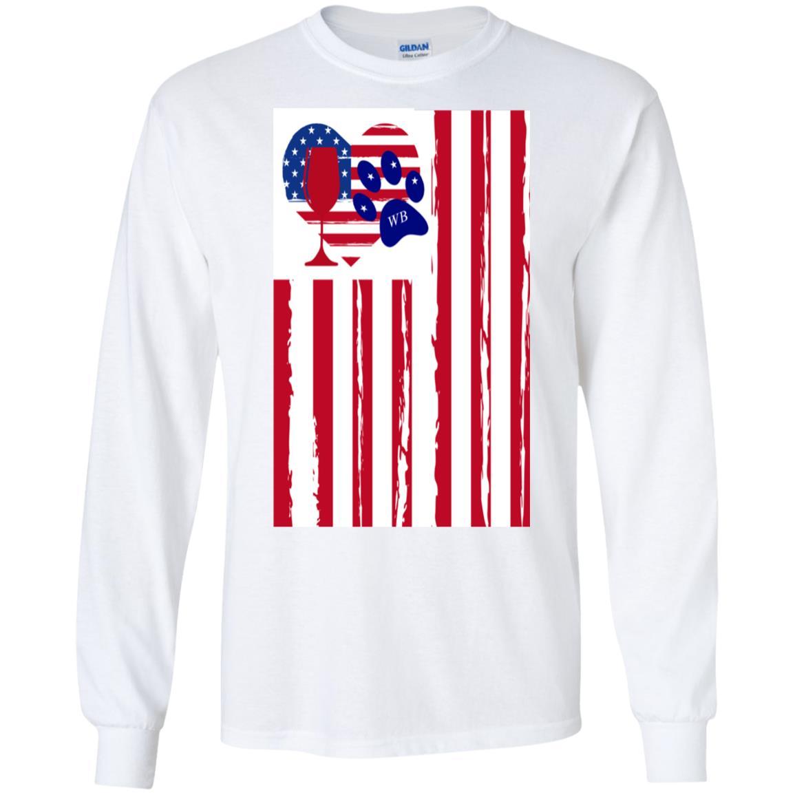 WineyBitches.Co Patriotic American Flag Wine Paw Heart Long Sleeve Ultra Soft Cotton T-Shirt for Women | Perfect for Wine Lovers, 4th of July & Pet-Themed Parties