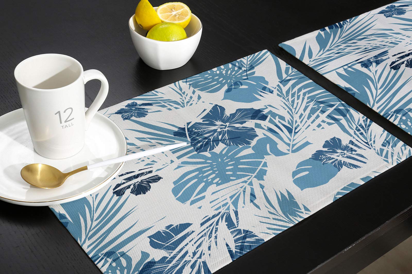 Tropical Blue Palm Leaf Cotton Linen Placemats Set of 4 - Heat Resistant, Non-Slip & Washable Table Mats for Dining Table Decor, Kitchen, Holiday Banquet - Perfect for Beach House, Summer Parties & Boho Home Decor