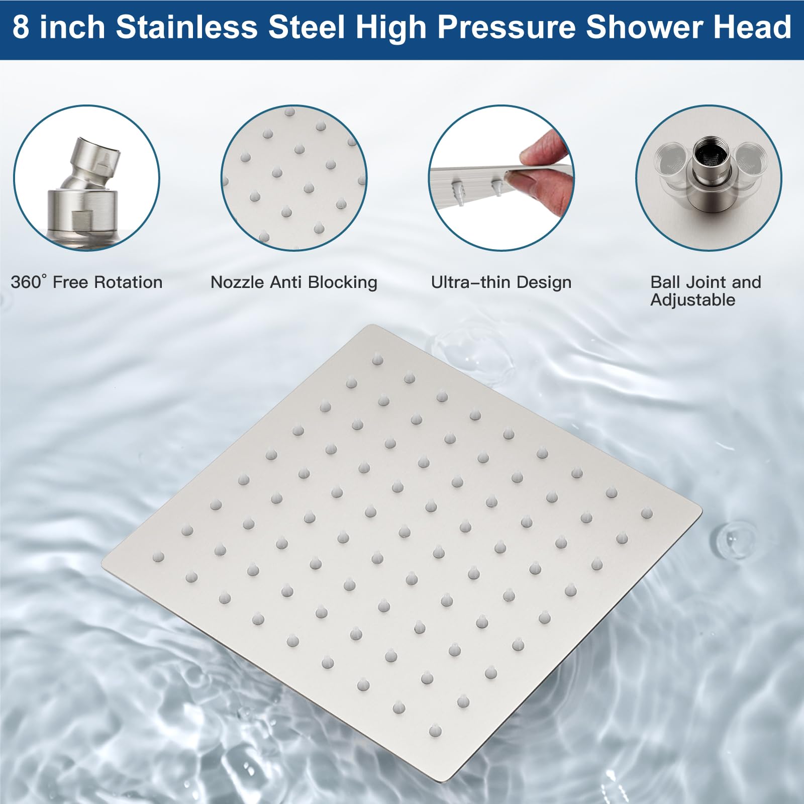 Midanya 8 Inch Brushed Nickel Rain Shower System - Square Rainfall Shower Head with Handheld Sprayer, Waterfall Tub Spout & Mixer Valve Combo for Bathroom Remodeling | Perfect for Spa-Like Showers and Relaxing Baths