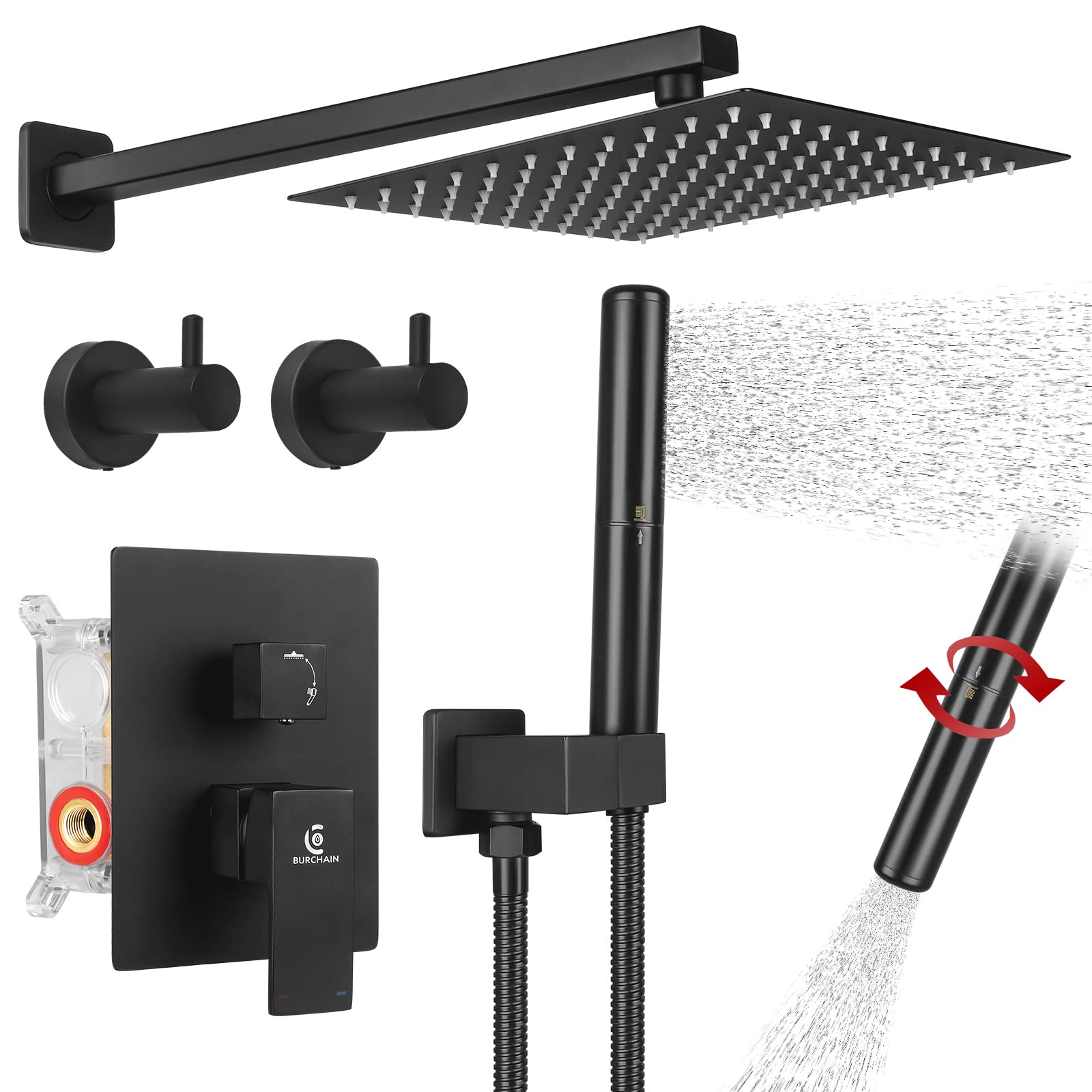 Luxury Matte Black Shower System - 10 Inch Wall Mounted Rainfall Shower Head with 2-in-1 Handheld Sprayer & Trim Kit | Modern Bathroom Faucet for Spa-Like Experience | Perfect for Master Bath, Guest Bath & Home Renovation