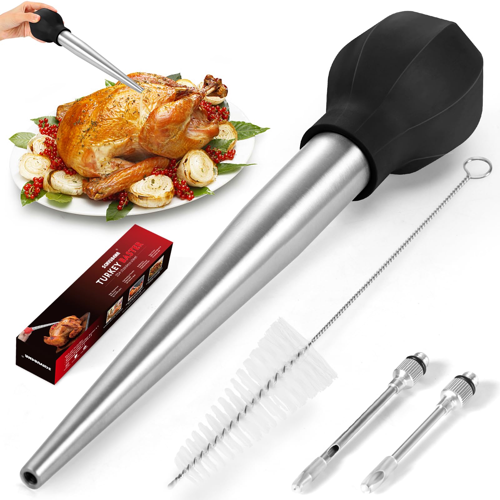 Stainless Steel Turkey Baster with Brush & Needle - for Meat, Poultry & Beef Cooking