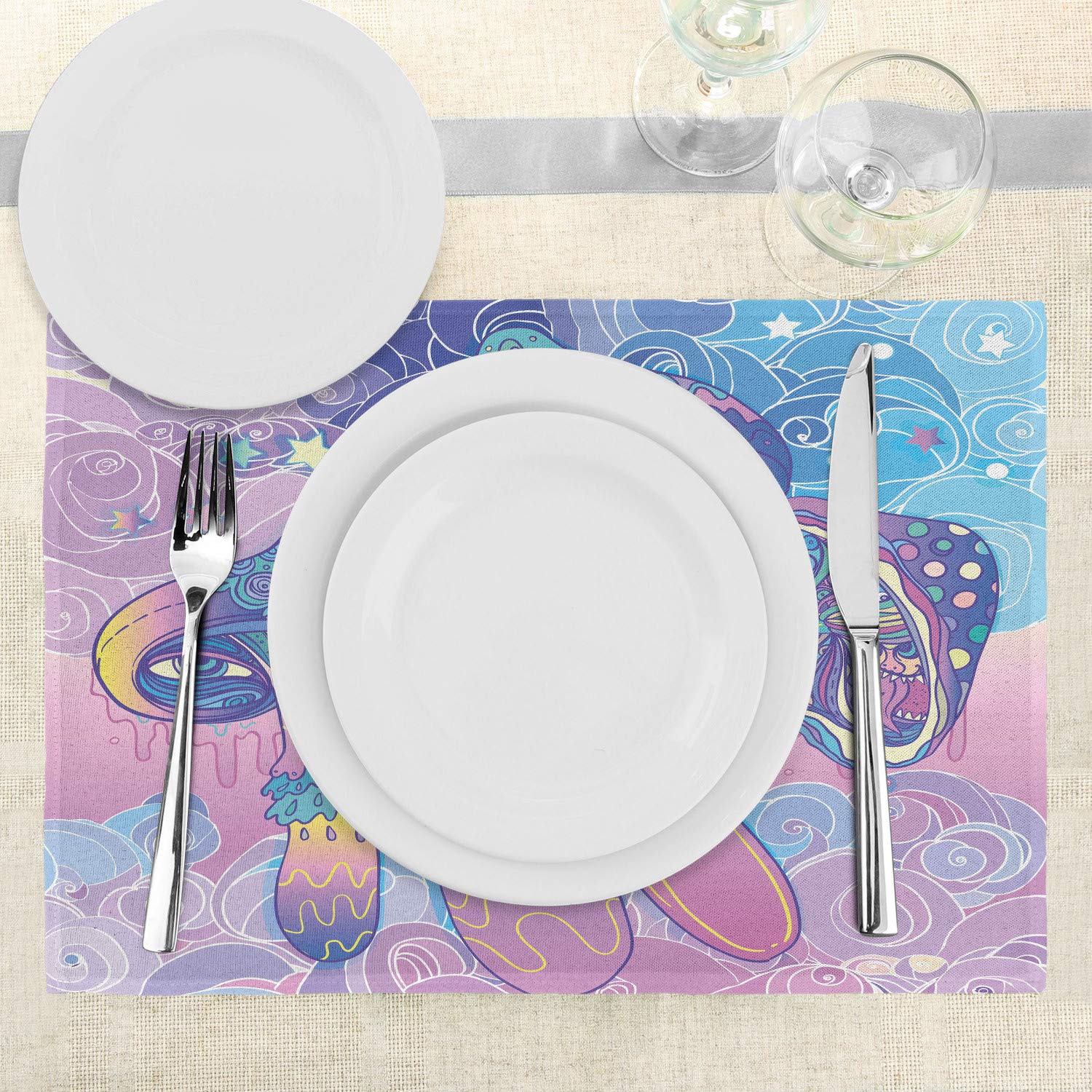 Lunarable Mushroom Place Mats Set of 4 - Psychedelic Hippie Design with Trippy 60s Shamanic Patterns, Washable Fabric Table Mats for Dining Room & Kitchen Decor in Aqua, Pale Pink & Purple | Perfect for Boho Home Decor, Hippie Themed Parties & Retro Kitchen Accessories