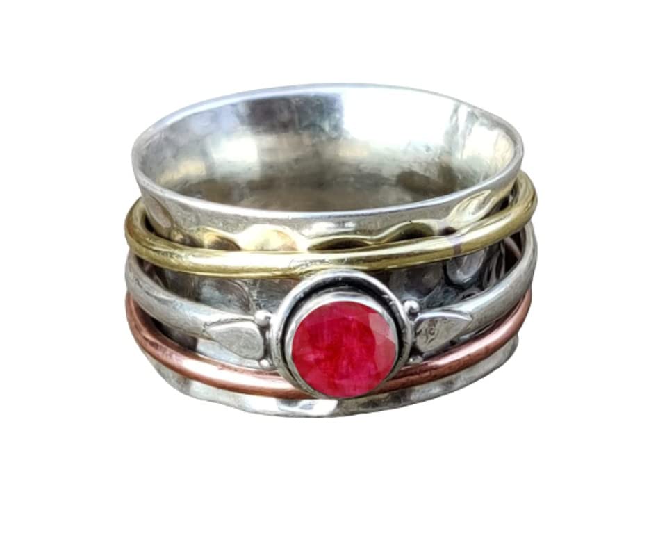 Handmade Ruby Gemstone Spinner Ring for Women - Sterling Silver Anxiety & Meditation Spinning Ring, Unique Statement Jewelry for Stress Relief, Mindfulness & Everyday Wear