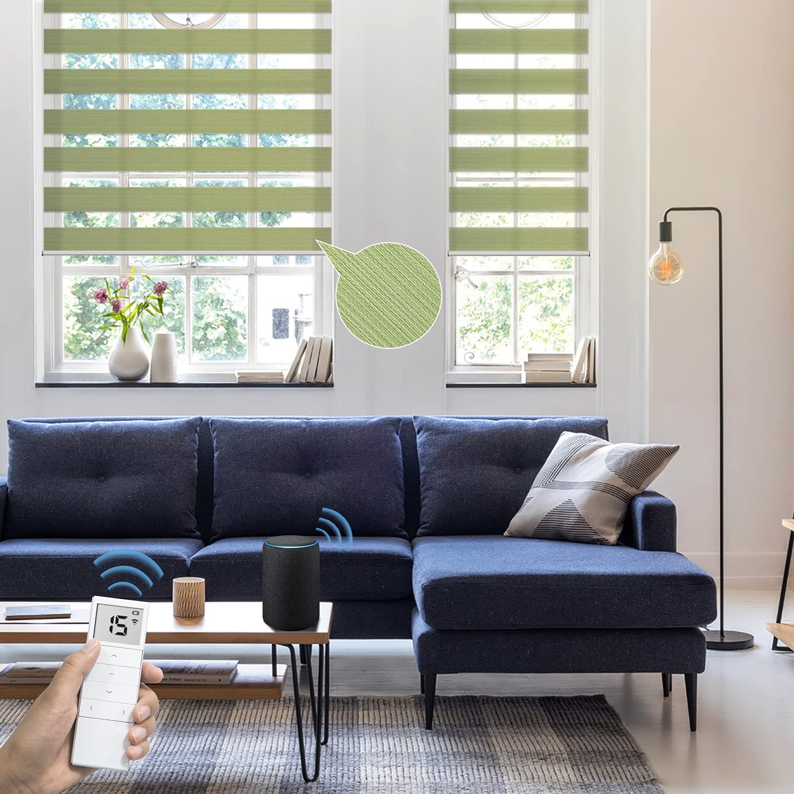 Graywind Motorized Zebra Sheer Blinds - Alexa Compatible Smart Window Shades, Horizontal Light Filtering Roller Blinds with Valance for Home & Office, Custom Sizes Available in Apple Green - Perfect for Living Rooms, Bedrooms and Workspaces