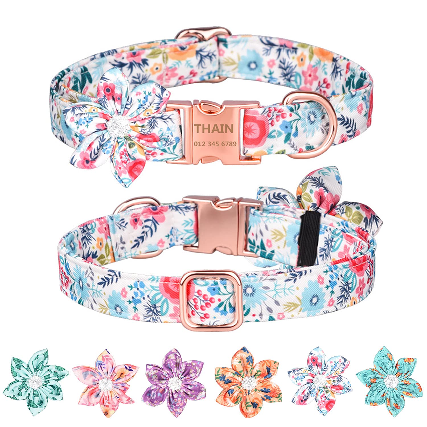 Custom Personalized Floral Dog Collar for Female Dogs - Engraved Name, Rose Gold Buckle, S (10.2-16.5
