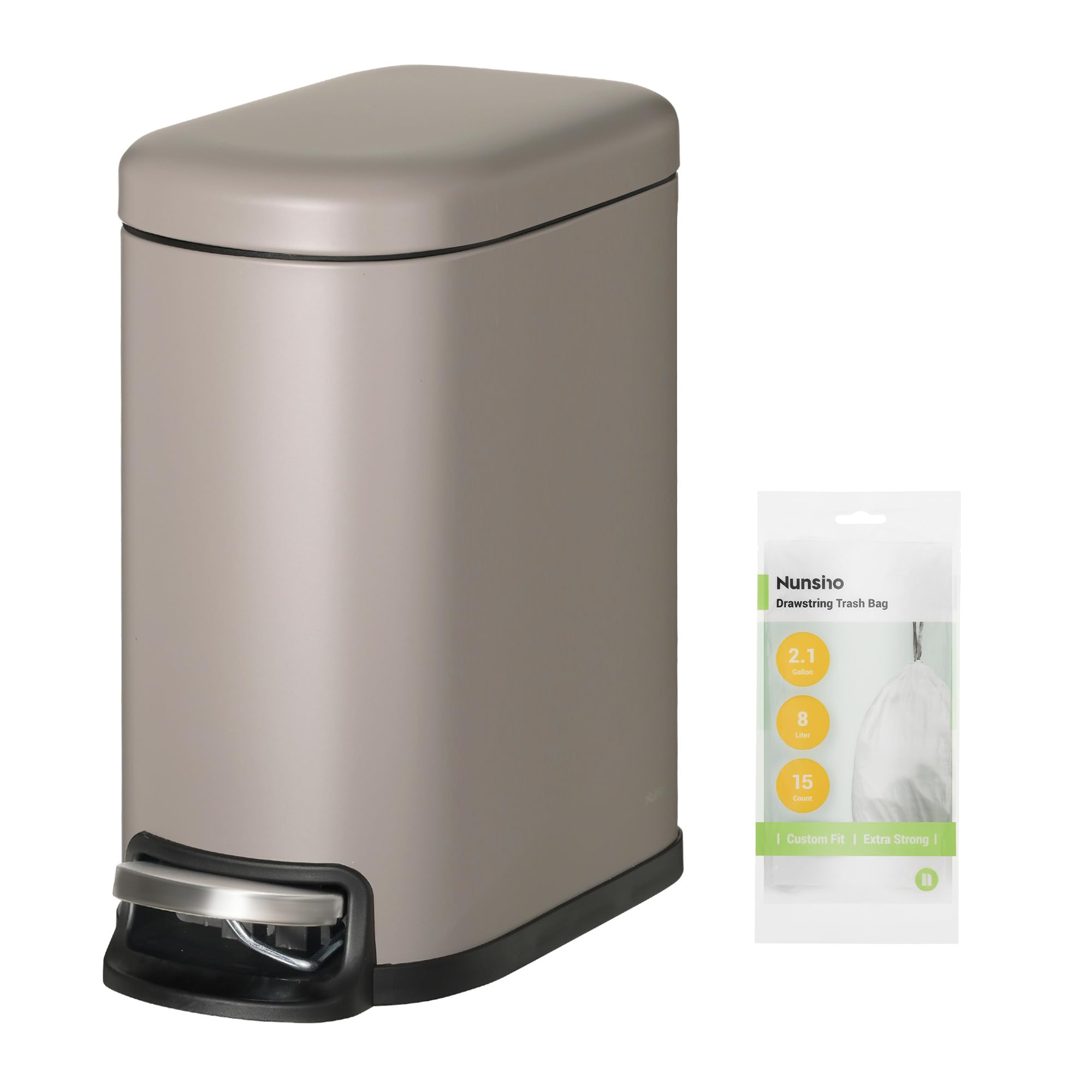1.3 Gallon Stainless Steel Small Bathroom Trash Can with Lid & 15 Garbage Bags - Soft Close Design for Bathroom, Kitchen, Home Office - Beige Gray Waste Bin for Compact Spaces & Odor Control