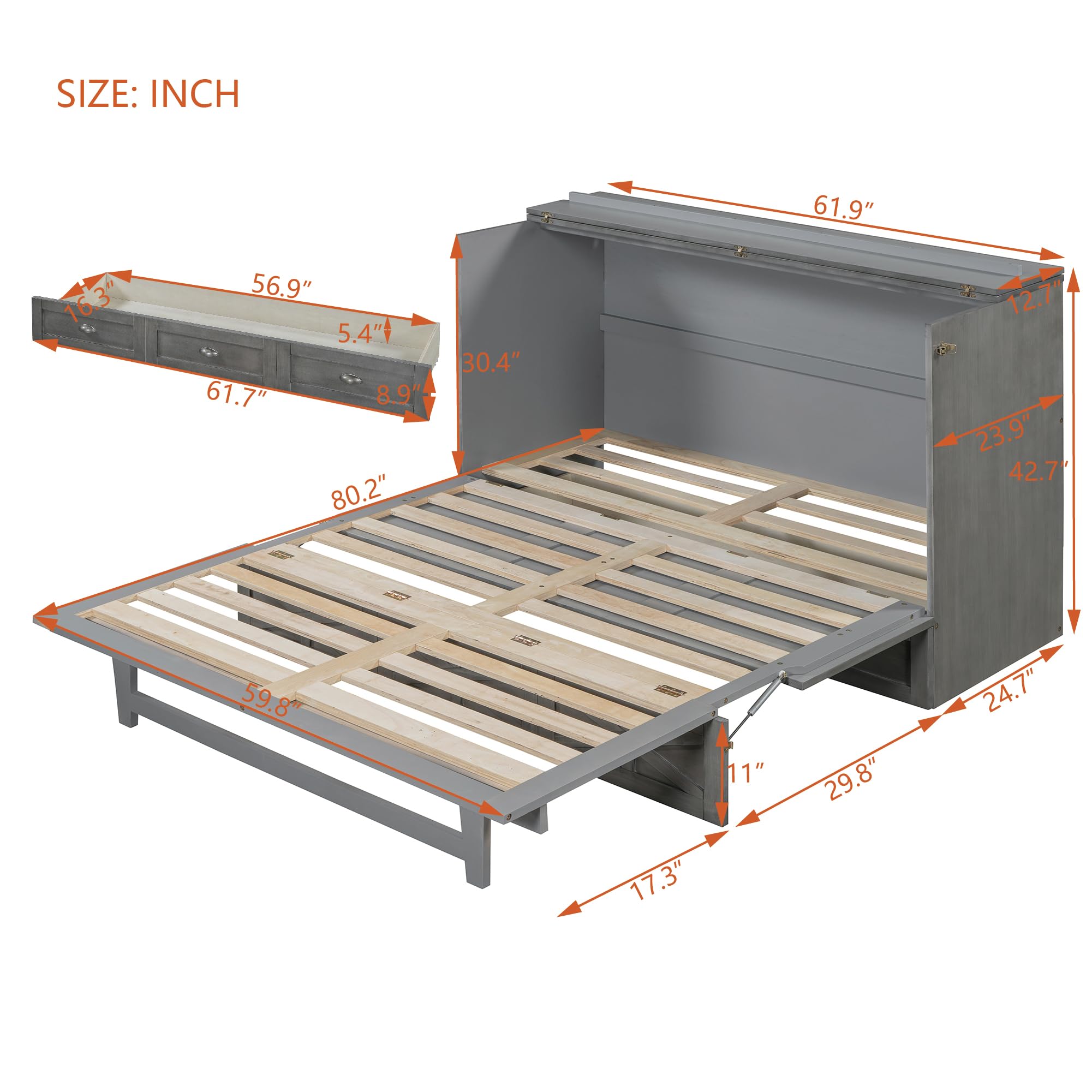 Queen Size Murphy Bed with Storage Drawers & USB Charging Station - Space Saving Wall Bed Cabinet for Home Office, Guest Room & Small Apartments - Brushed Gray Finish - Easy Pull Down Mechanism for Comfortable Sleeping
