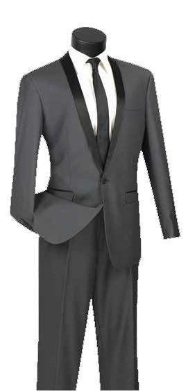 Heather Gray Slim Fit Tuxedo Suit with Narrow Black Shawl Lapel & Matching Pants | Formal Wedding, Prom, Black Tie Event Outfit for Men