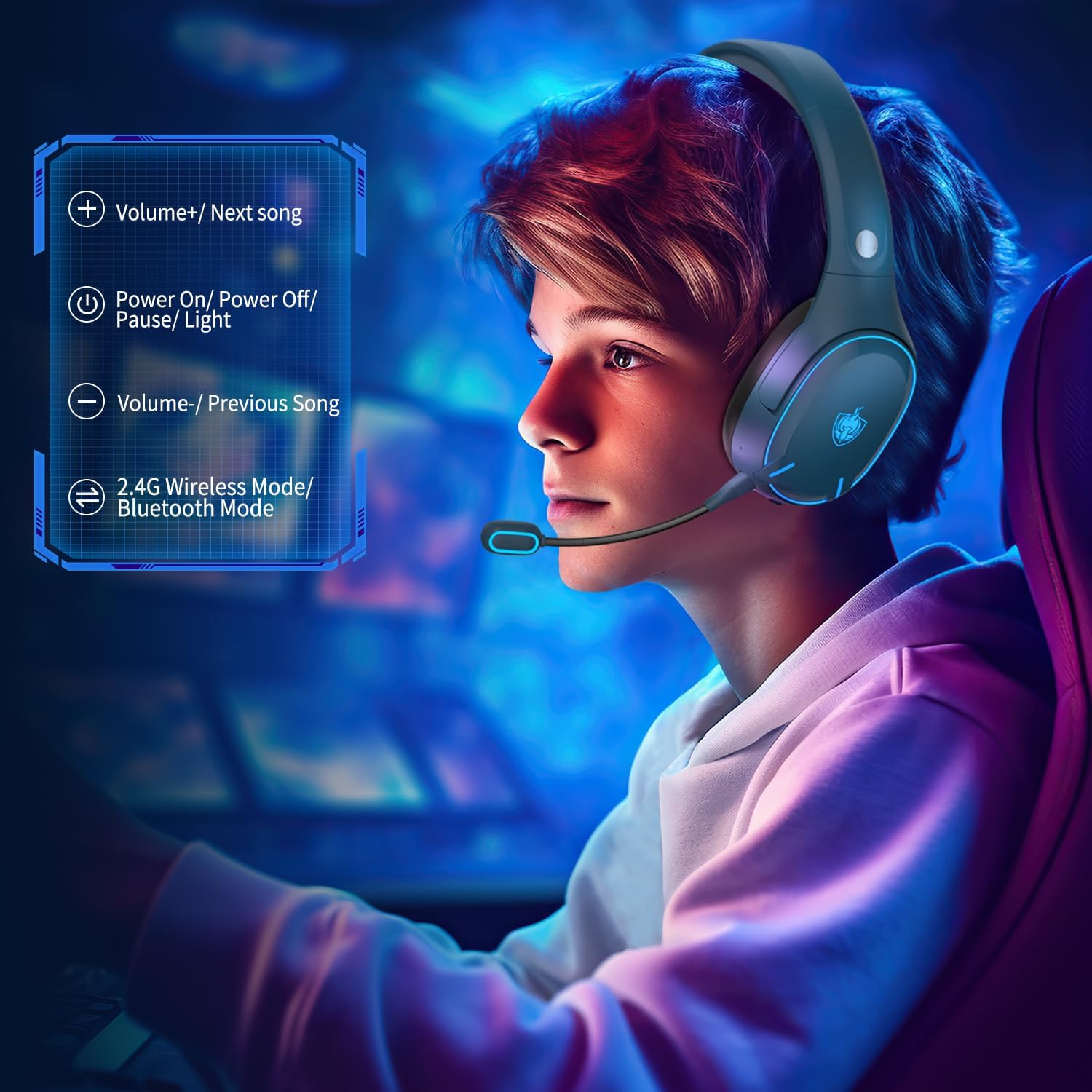 PHOINIKAS Wireless Bluetooth Gaming Headset with Dual Chip - Bluetooth 5.3 for Phone/Computer & 2.4GHz Dongle for PC/PS4/PS5/Nintendo Switch/TV - Noise Cancelling Mic, 30H Playtime, LED Lights - Perfect for Gaming, Work Calls & Entertainment