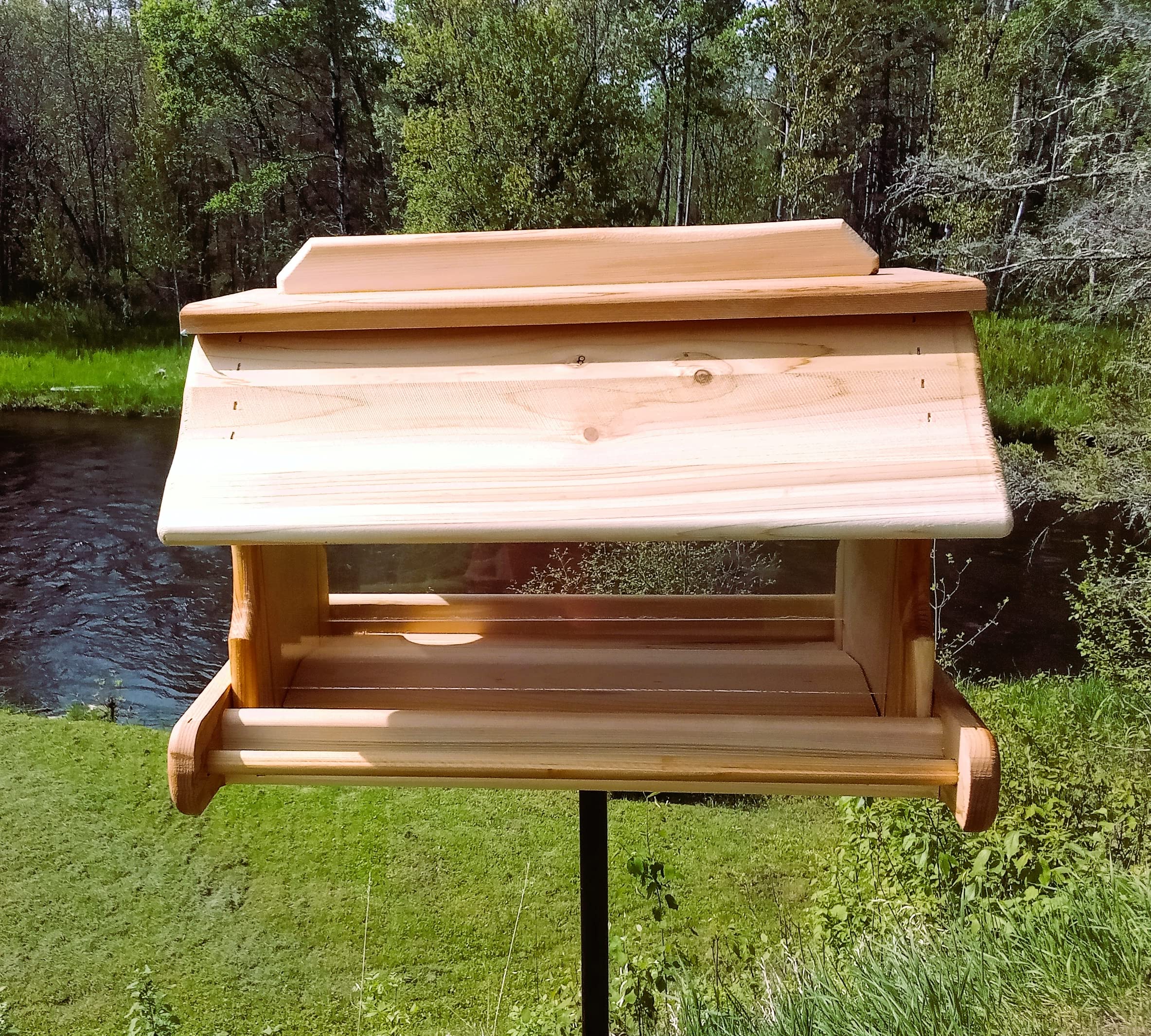 20 Inch Cedar Wood Post Mount Bird Feeder - Durable Outdoor Bird Feeder for Garden, Yard & Backyard - Attracts Cardinals, Finches & Wild Birds