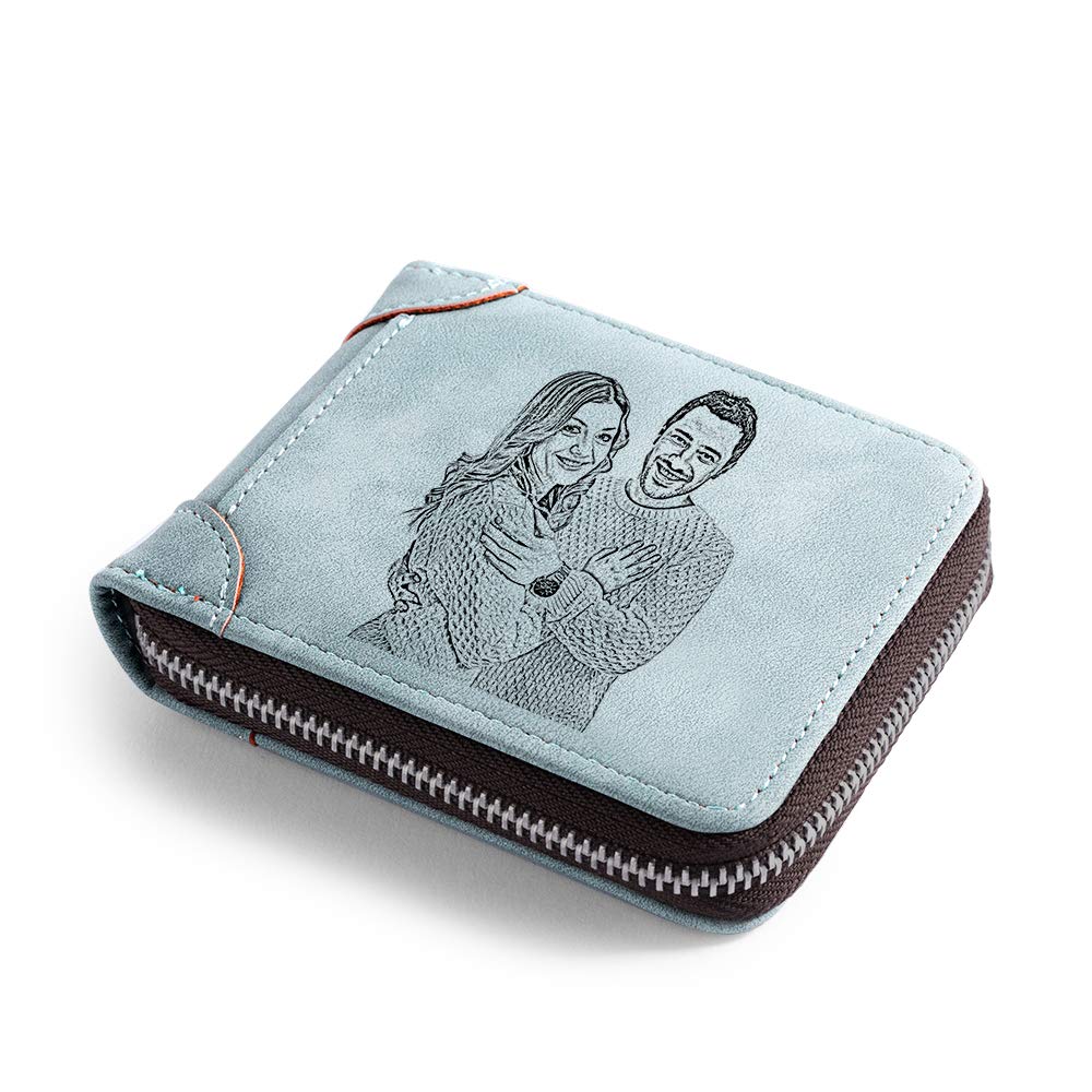 Personalized Engraved Photo Leather Wallet for Men - Custom Zipper Wallet with Photo Insert - Perfect Christmas, Father's Day & Birthday Gift for Him (Blue) - Great for Everyday Use, Travel & Special Occasions